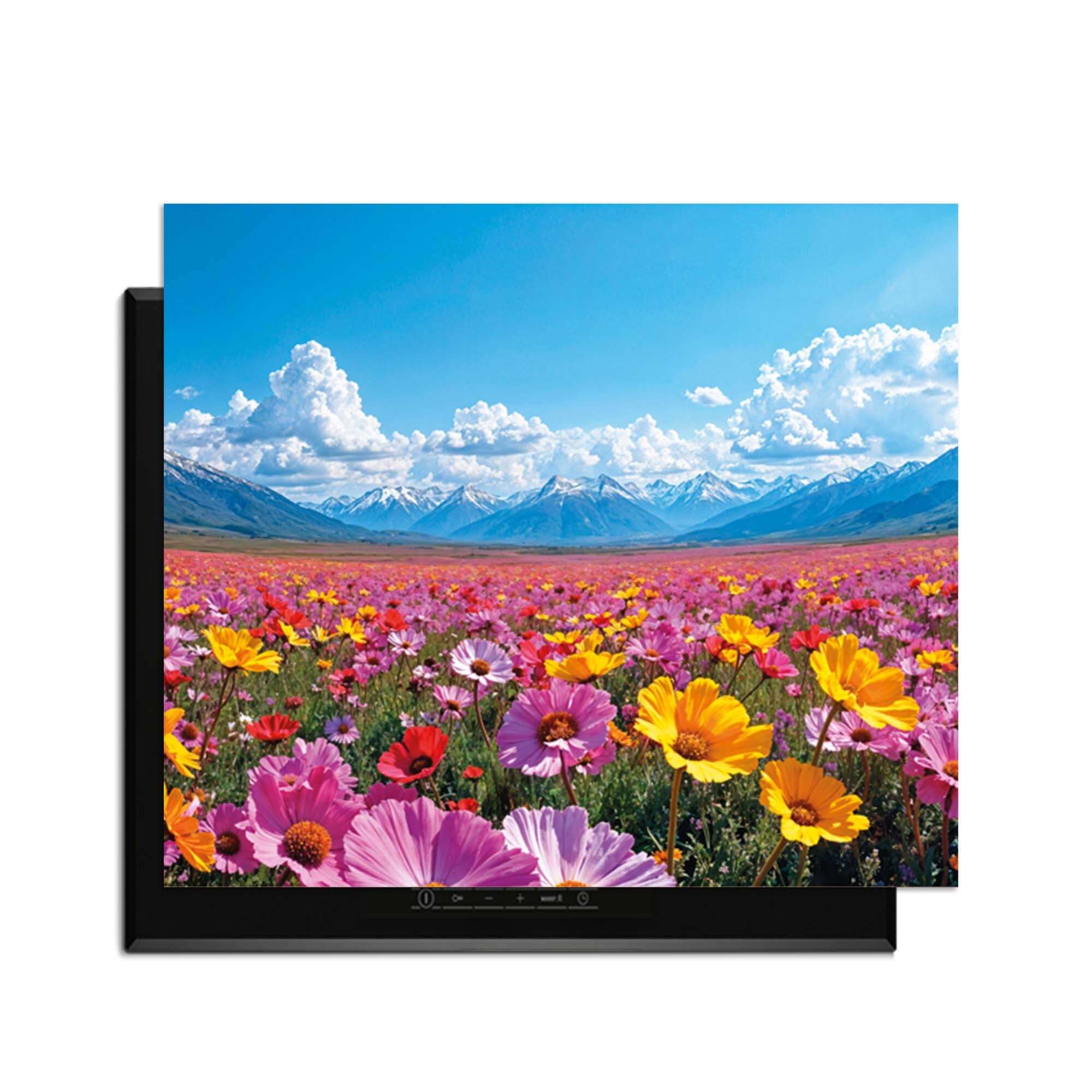 Blooming Horizon - Herdabdeckplatte mit bunten Blumen und Bergen im Hintergrund.
