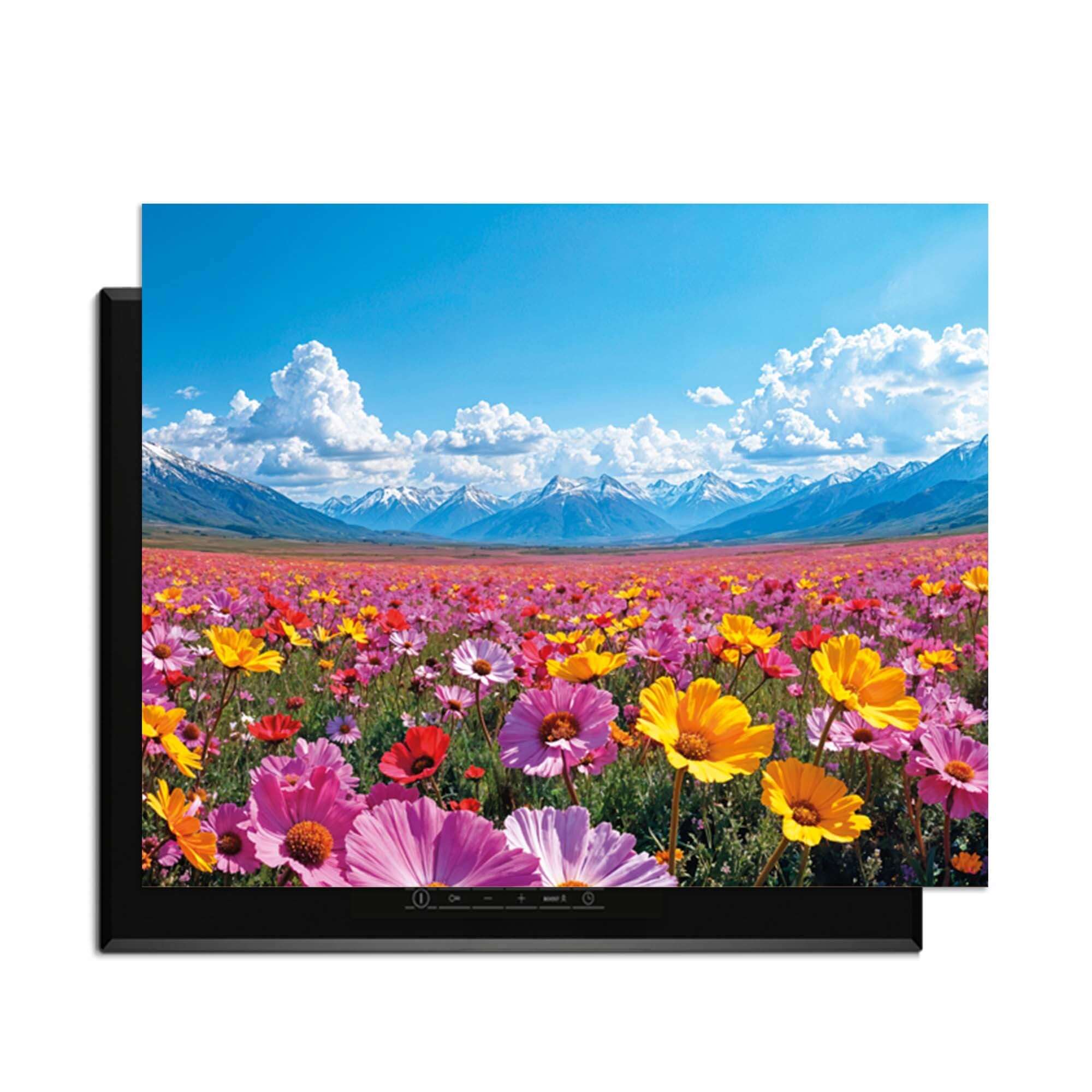 Blooming Horizon - Induktionswächter mit bunten Blumen und Bergen im Hintergrund.