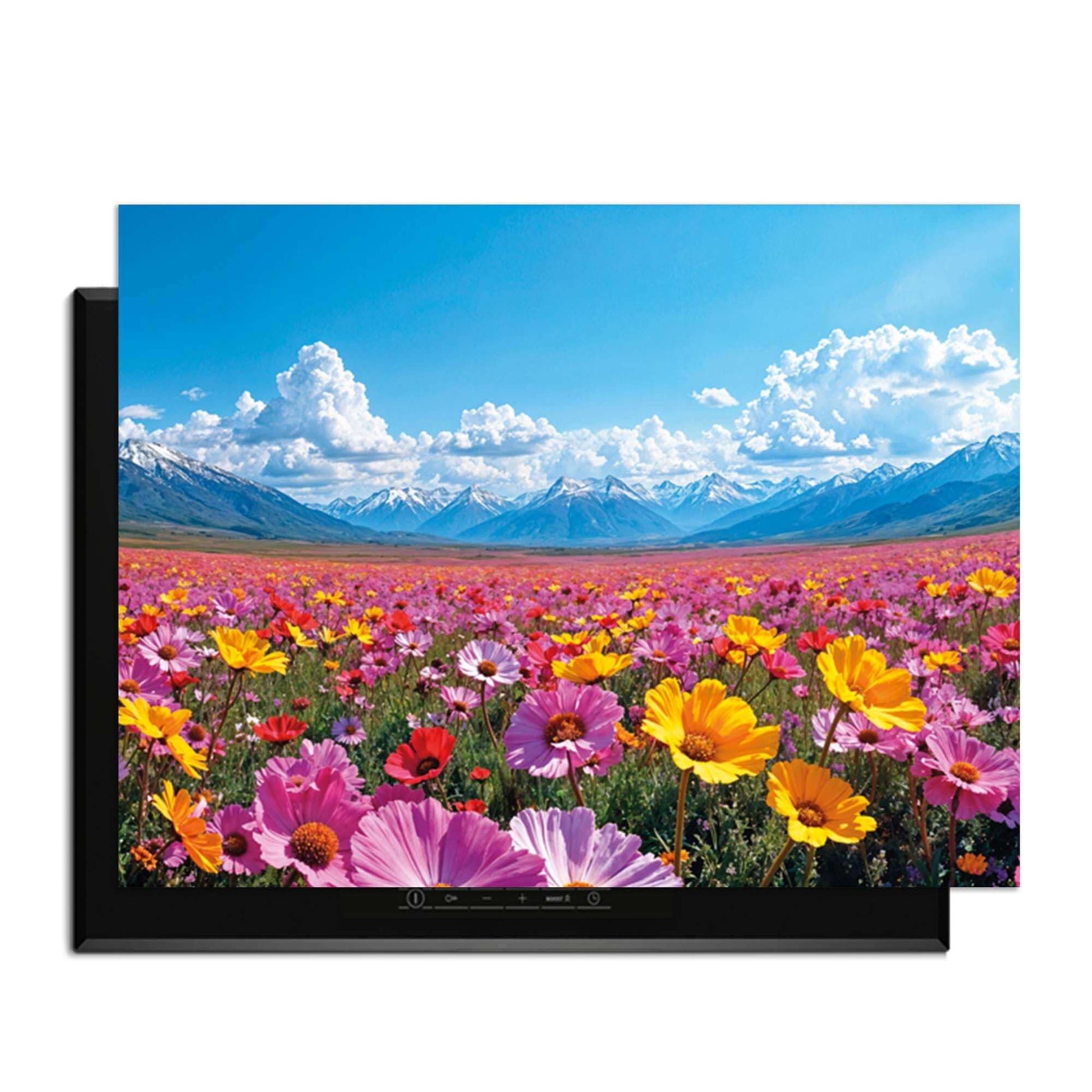 Blooming Horizon - Induktionswächter mit buntem Blumenfeld und Bergen im Hintergrund.