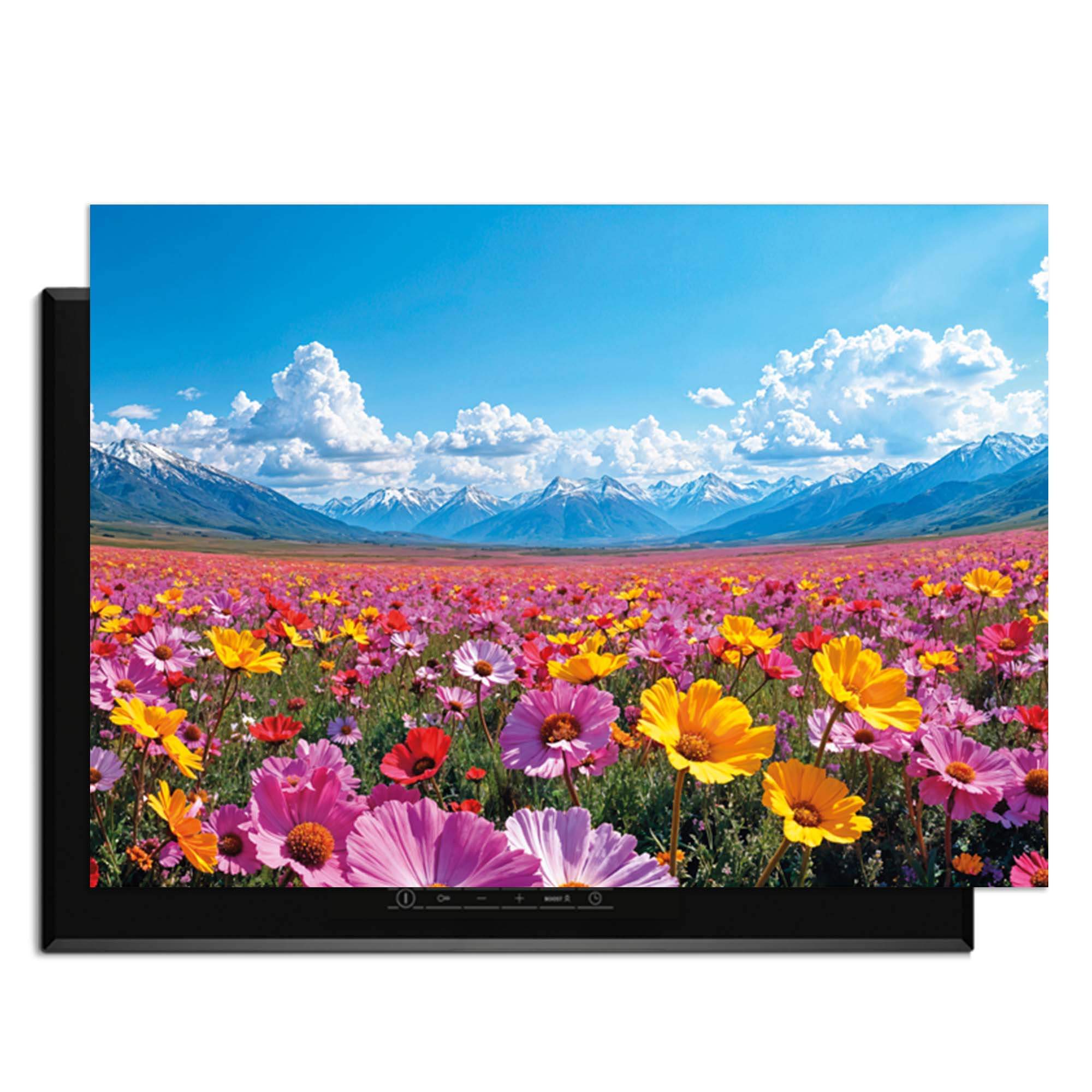 Blooming Horizon - Induktionswächter mit buntem Blumenfeld und Bergen im Hintergrund.