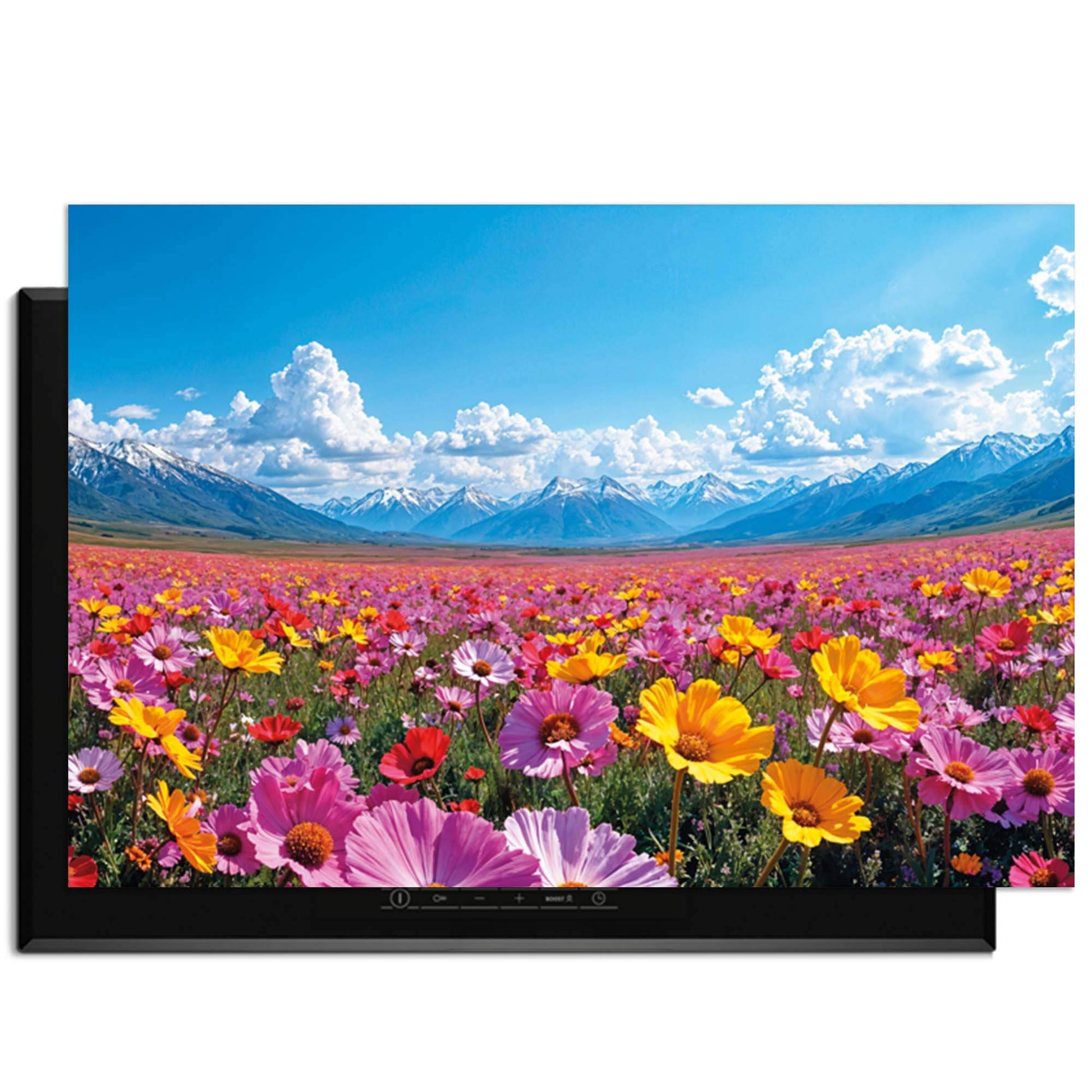 Blooming Horizon - Induktionswächter mit buntem Blumenfeld und Bergen im Hintergrund.