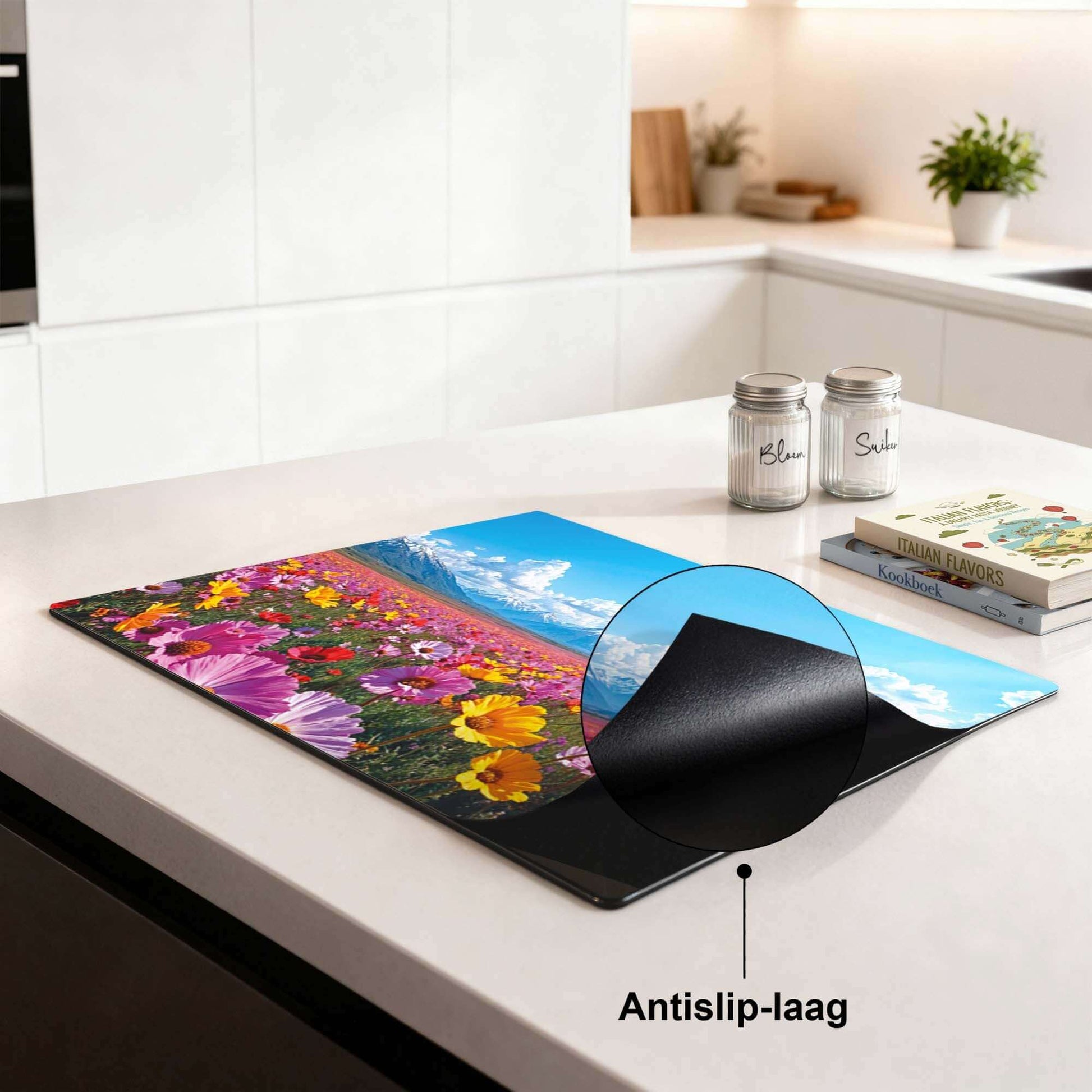 Blooming Horizon - Herdabdeckplatte mit buntem Blumenfeld und rutschfester Beschichtung für optimalen Halt.