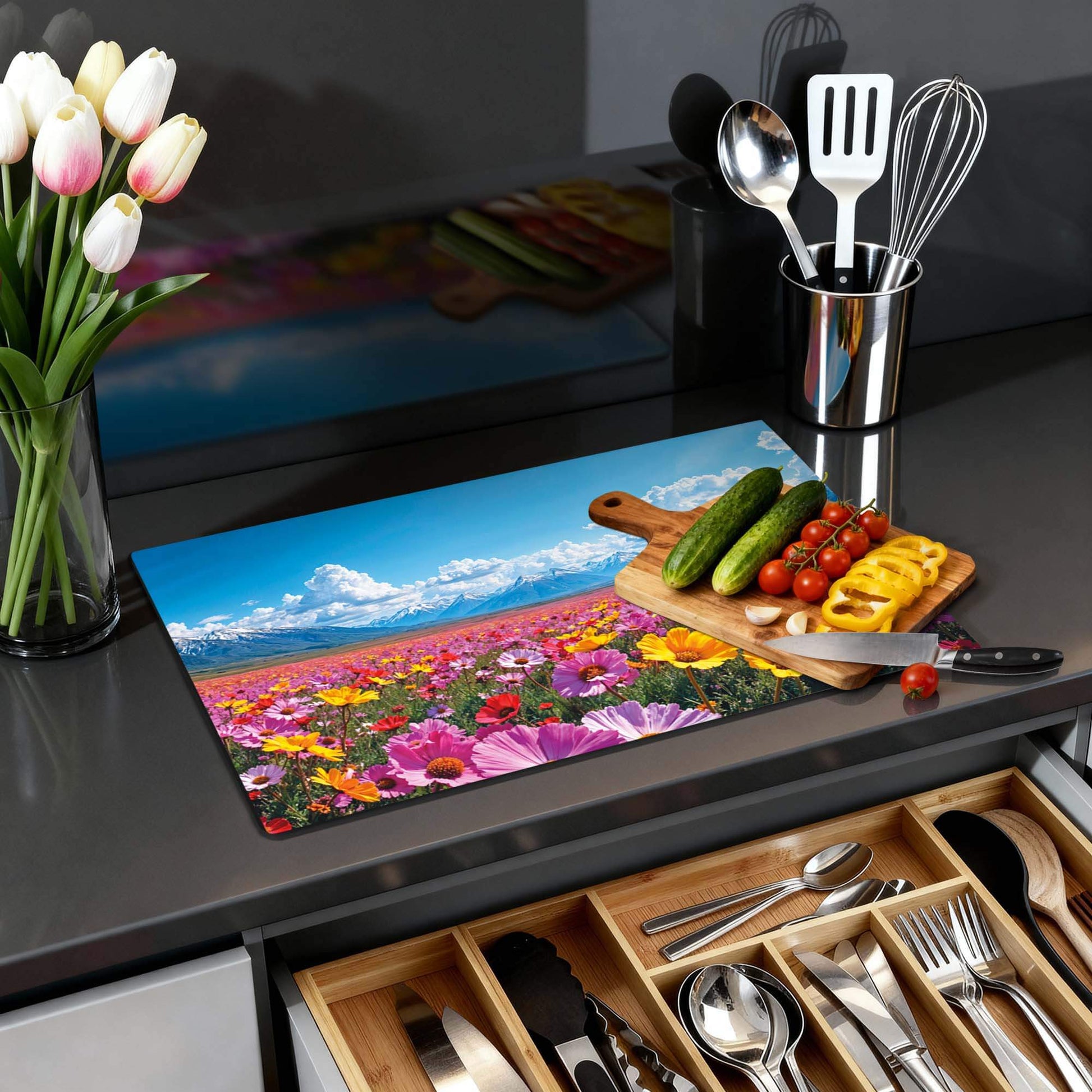 Blooming Horizon - Herdabdeckplatte mit bunten Blumen und Bergen, perfekt für die Küche.