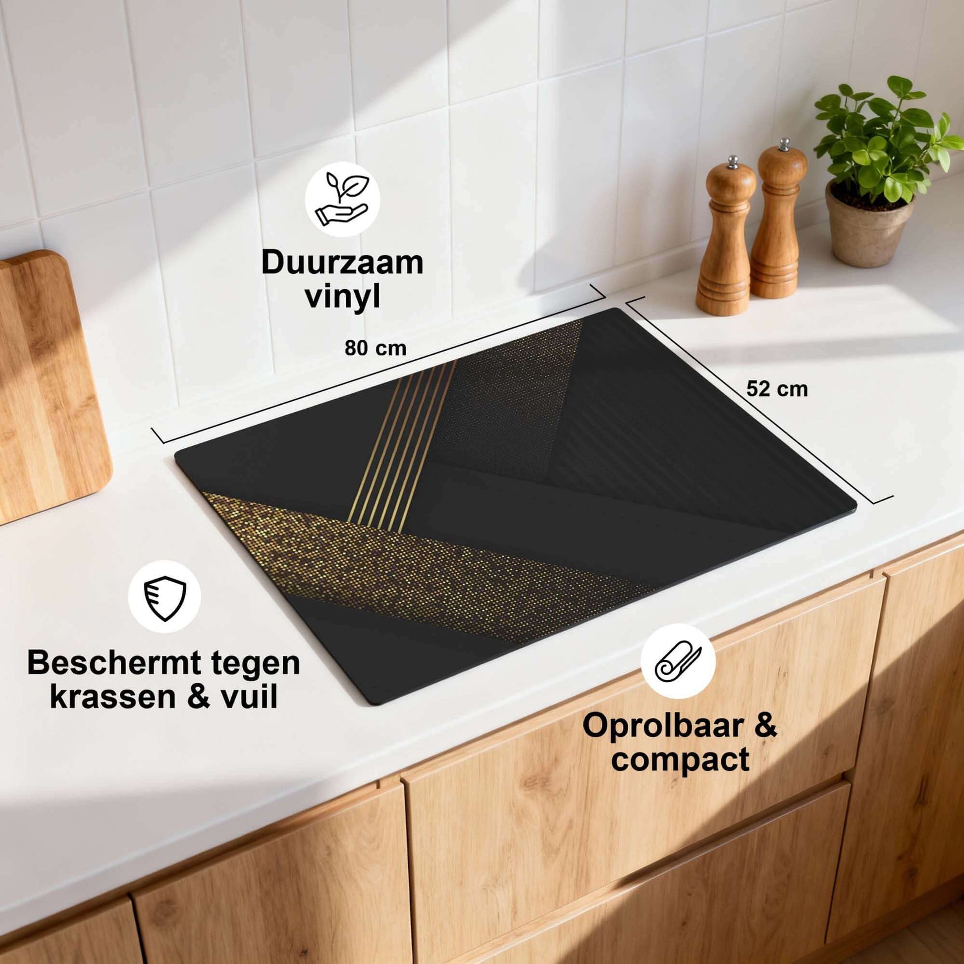 Golden Geometry - Herdabdeckplatte auf einem Küchentisch aus strapazierfähigem Vinyl, schützt vor Kratzern und Schmutz.