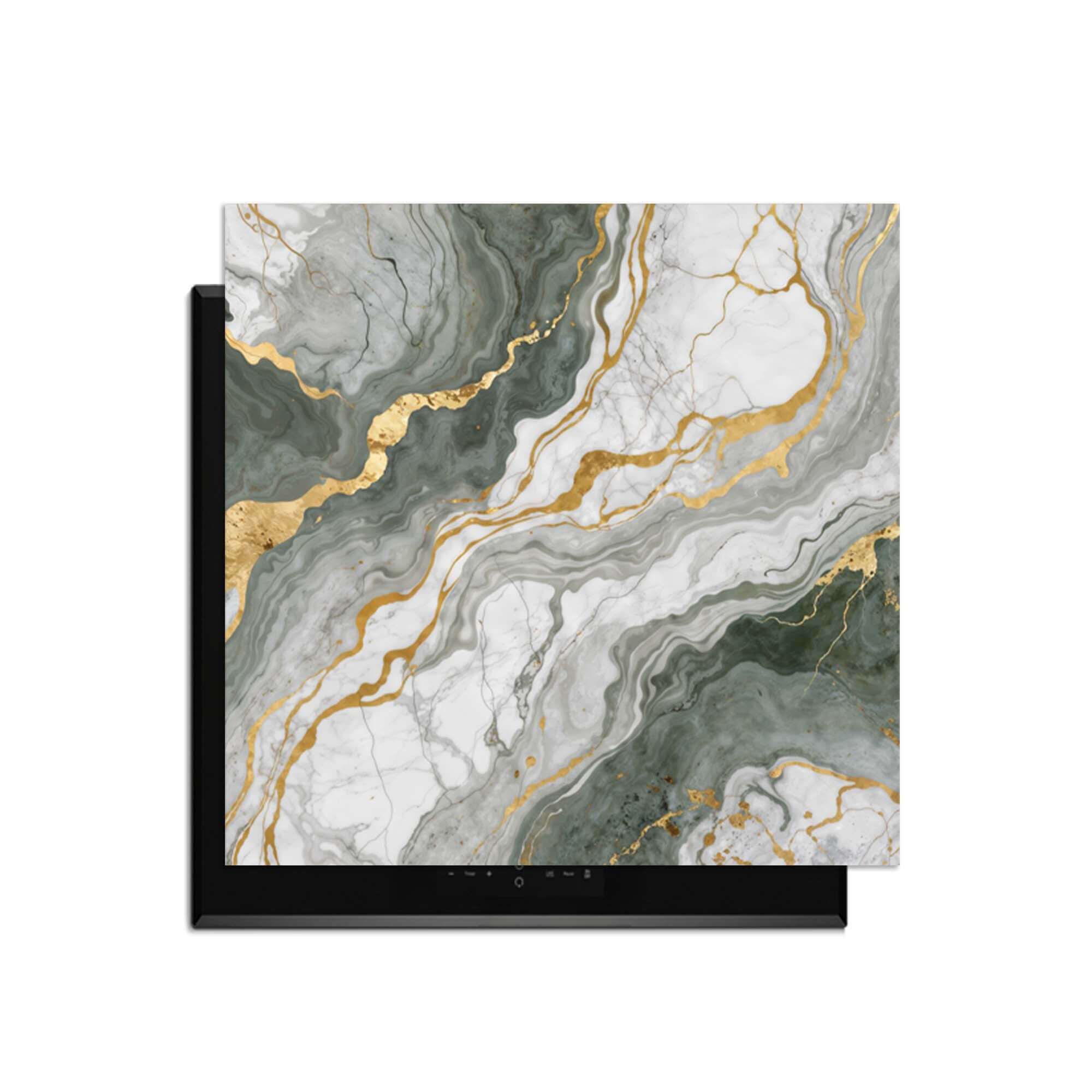 Luxuriöses Marmorgrün - Herdabdeckplatte mit grünem Marmor und goldenen Adern für eine elegante Küche.