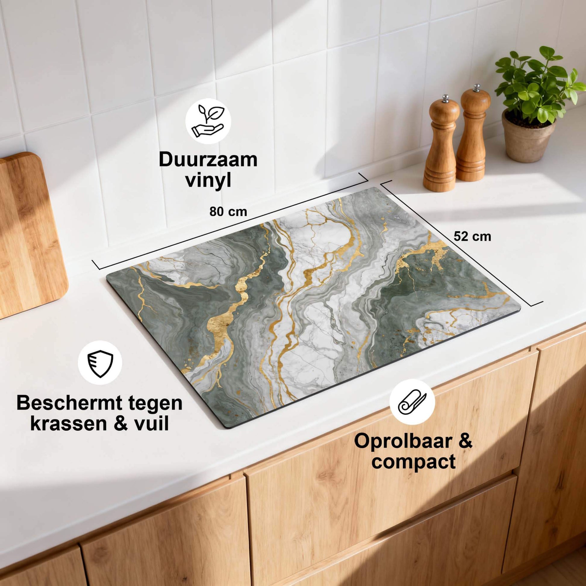 Luxurious Marble Green - Herdabdeckplatte, strapazierfähiges Vinyl, schützt vor Kratzern und Schmutz, 80x52 cm