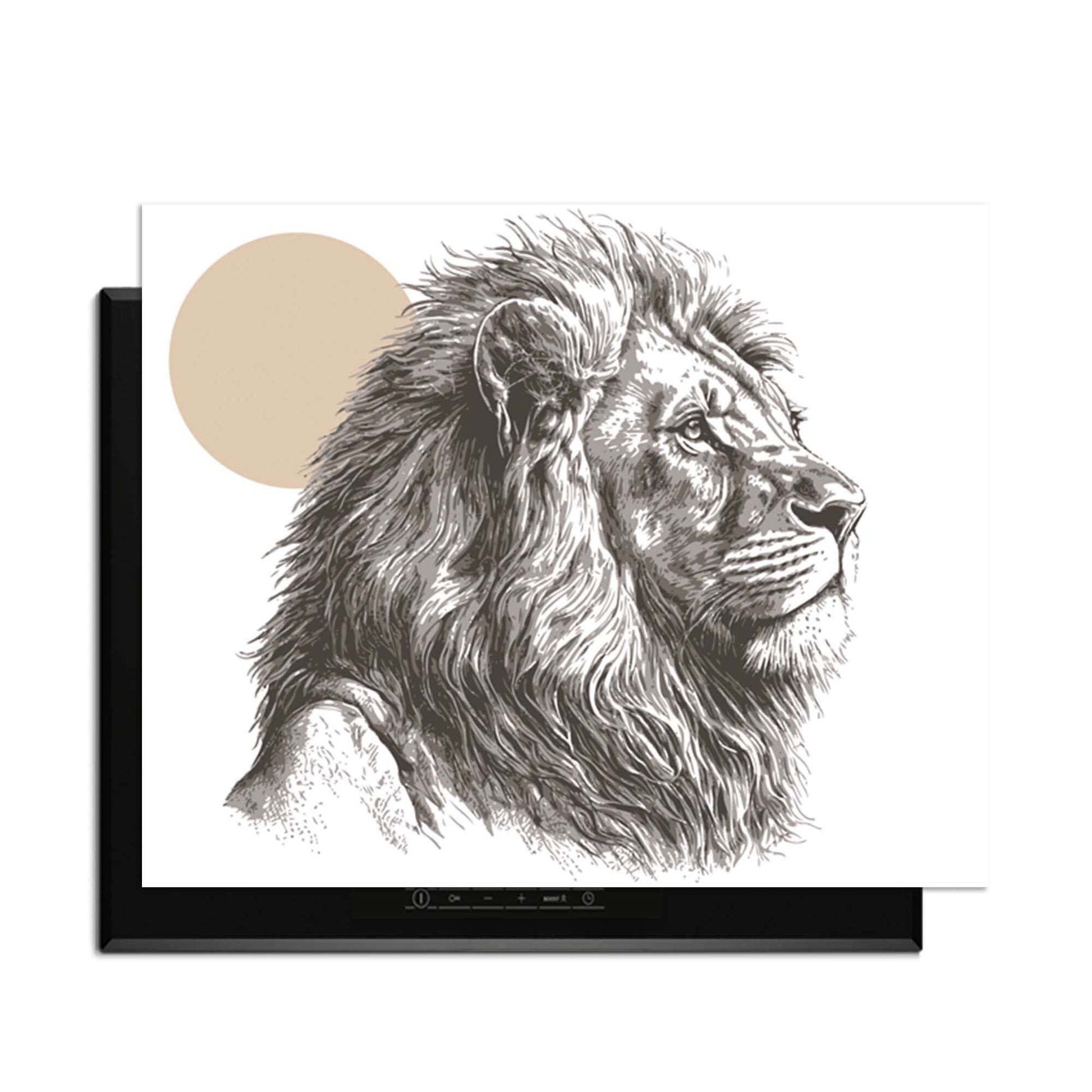 Majestic Lion - Herdabdeckplatte mit künstlerischen Linien und eleganten Farben auf Induktionskochfeldern.