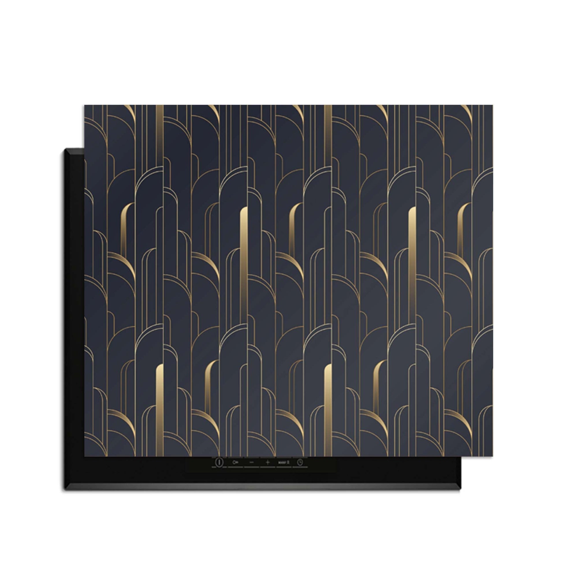 Art Deco Lines - Herdabdeckplatte mit geometrischem Muster in Goldtönen für luxuriösen Küchenschutz.