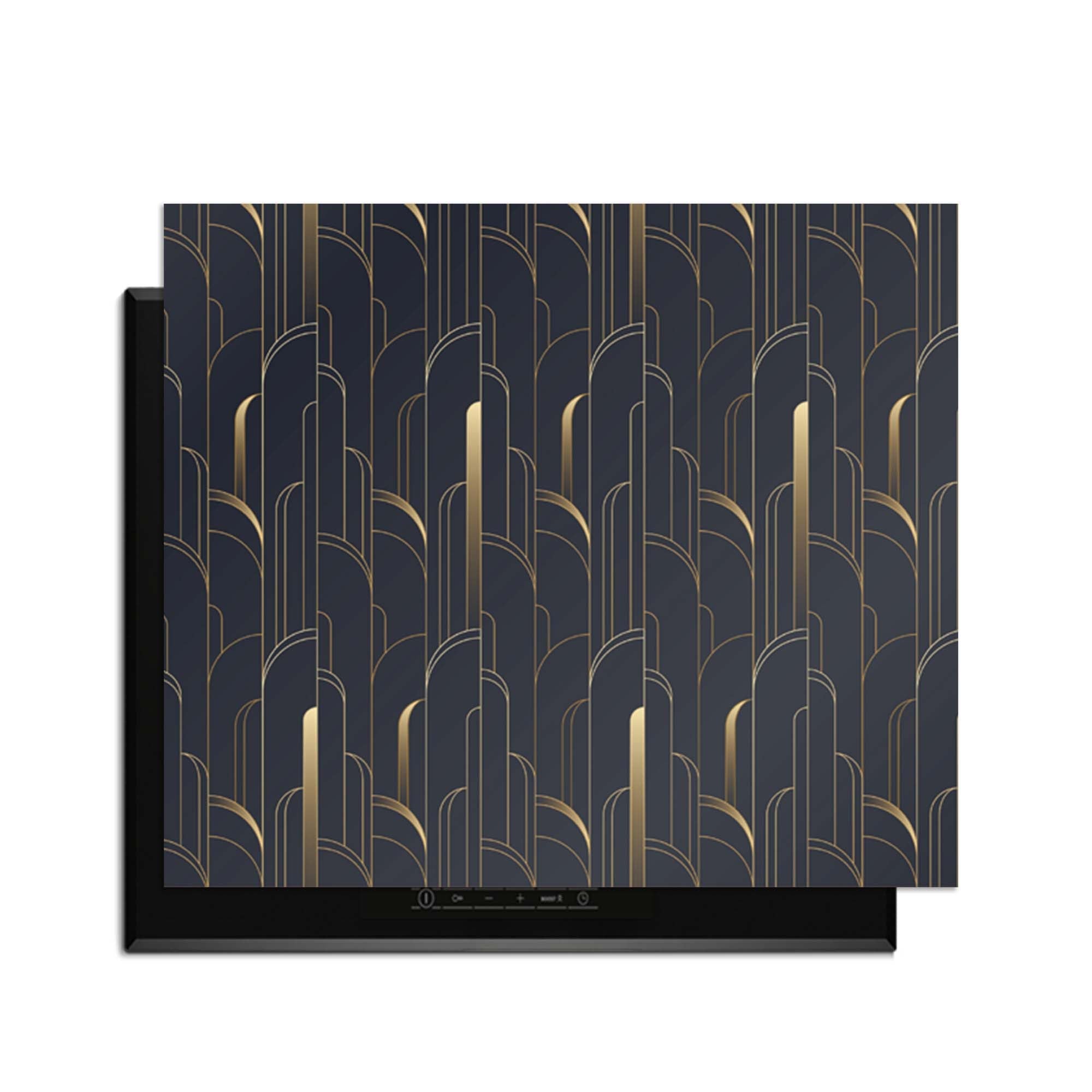 Art Deco Lines - Herdabdeckplatte mit geometrischem Muster in Goldtönen für luxuriösen Küchenschutz.