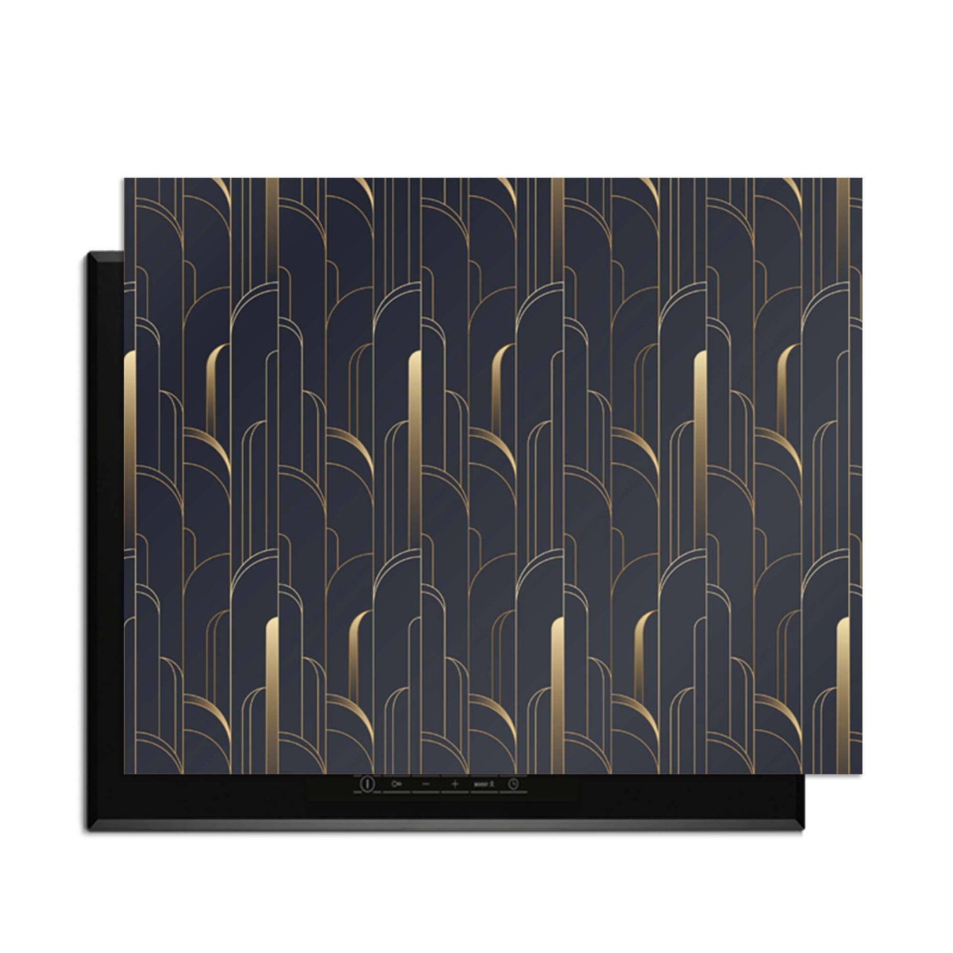Art Deco Lines - Herdabdeckplatte mit geometrischem Muster in Goldtönen für Luxus und Eleganz.