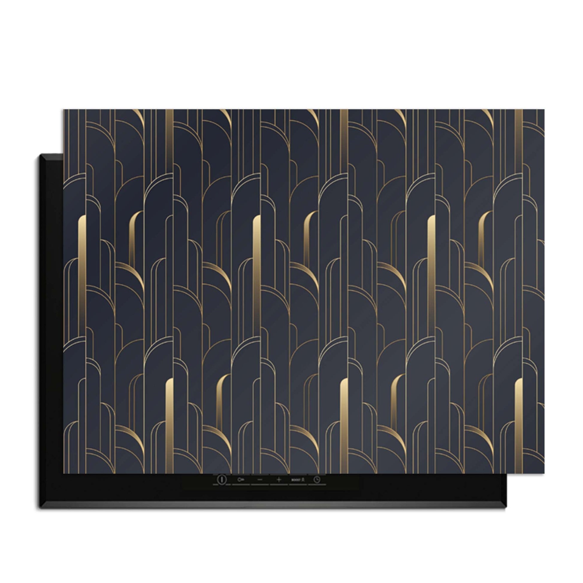 Art Deco Lines - Herdabdeckplatte mit geometrischem Muster in Goldtönen für stilvollen Küchenschutz.