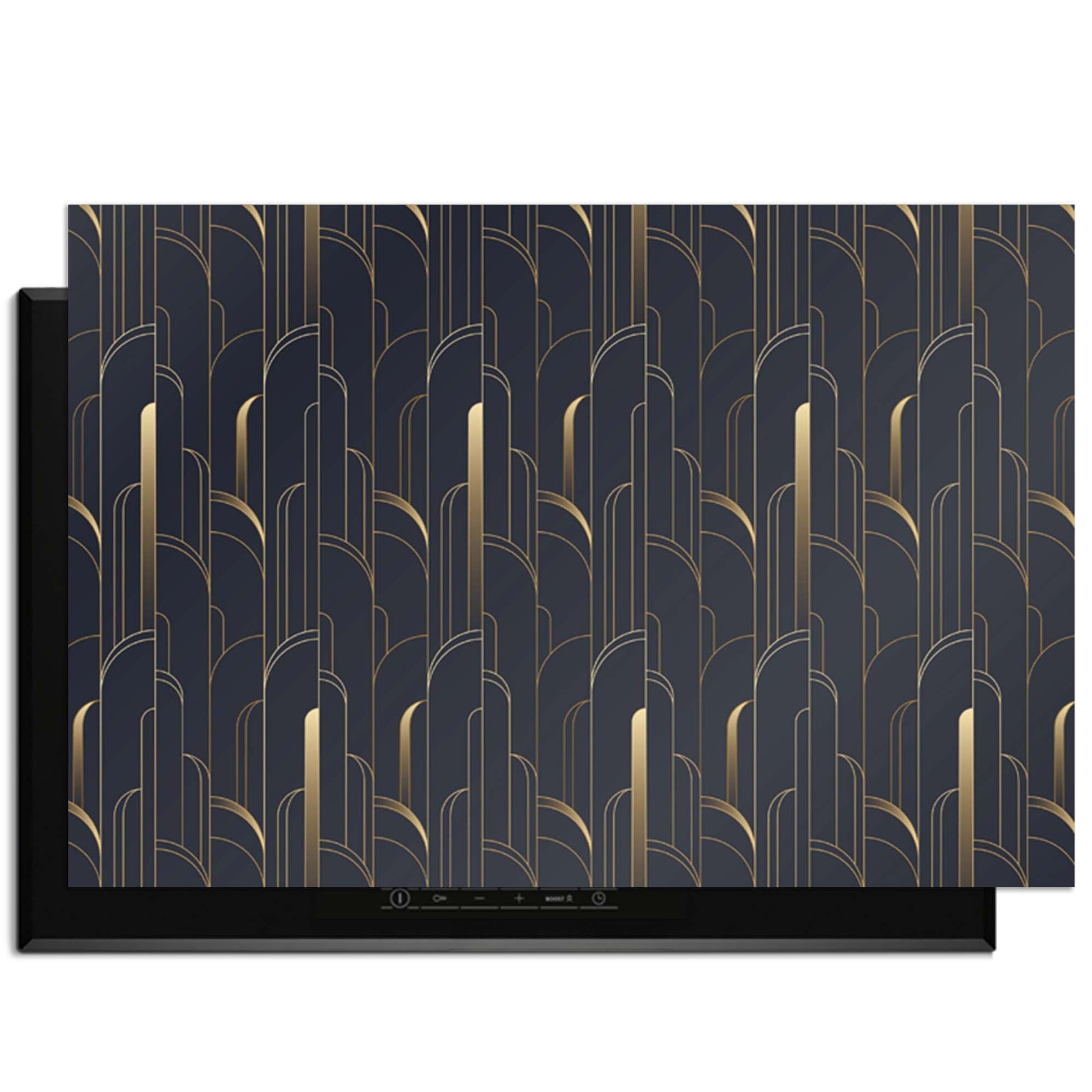 Art Deco Lines - Herdabdeckplatte mit geometrischem Muster in Goldtönen für luxuriösen Küchenschutz.