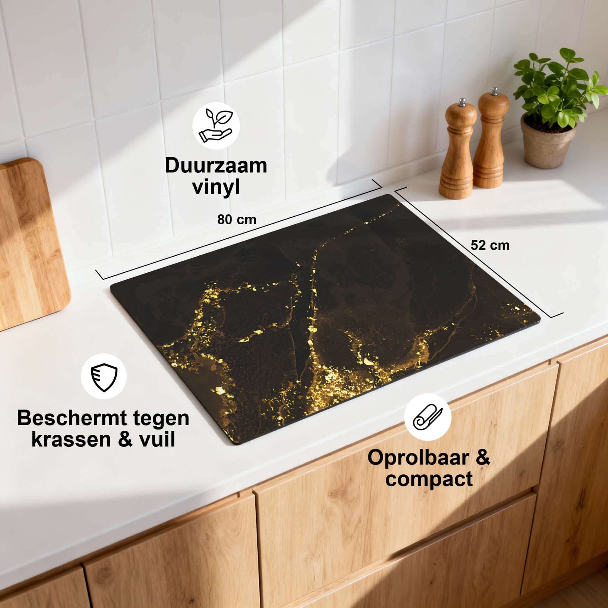 Gilded Marble - Herdabdeckplatte auf einer Küchenarbeitsplatte, haltbares Vinyl mit goldenen Adern.