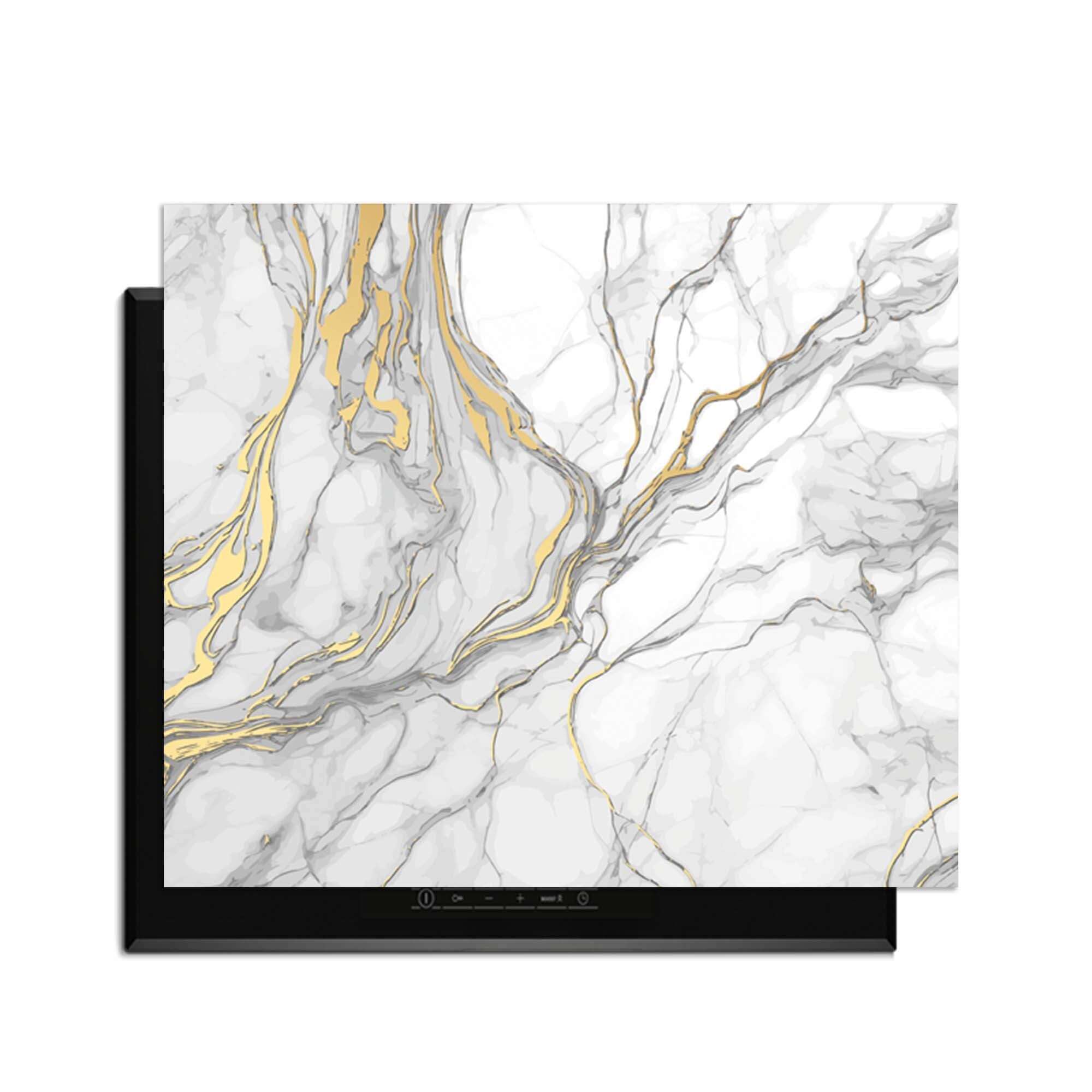 Elegant Gold Marble - Herdabdeckplatte mit luxuriösem Marmor-Design und goldenen Akzenten auf einem Kochfeld.