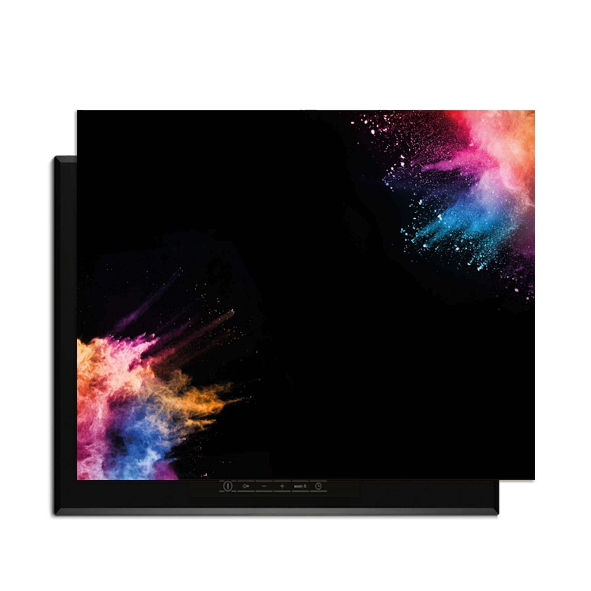 Midnight Splash - Herdabdeckplatte mit bunten, explosiven Mustern auf schwarzem Hintergrund.