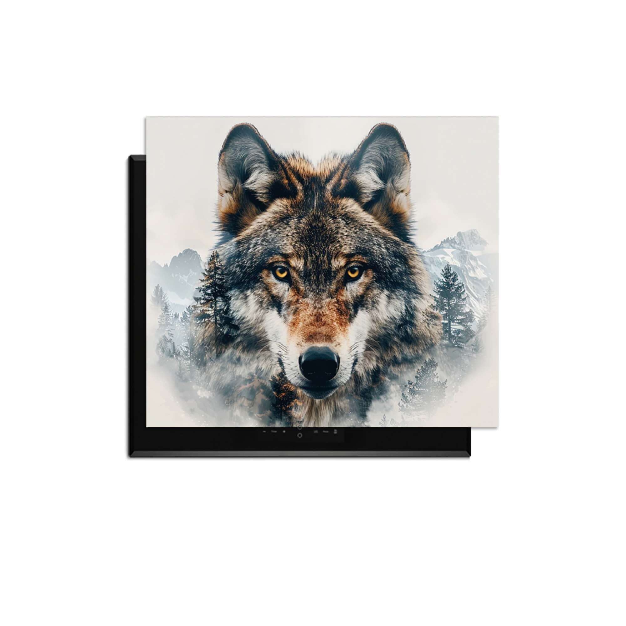 Majestic Wolf - Herdabdeckplatte mit kräftigem Wolfsbild und Naturdetails auf einem Kochfeld.