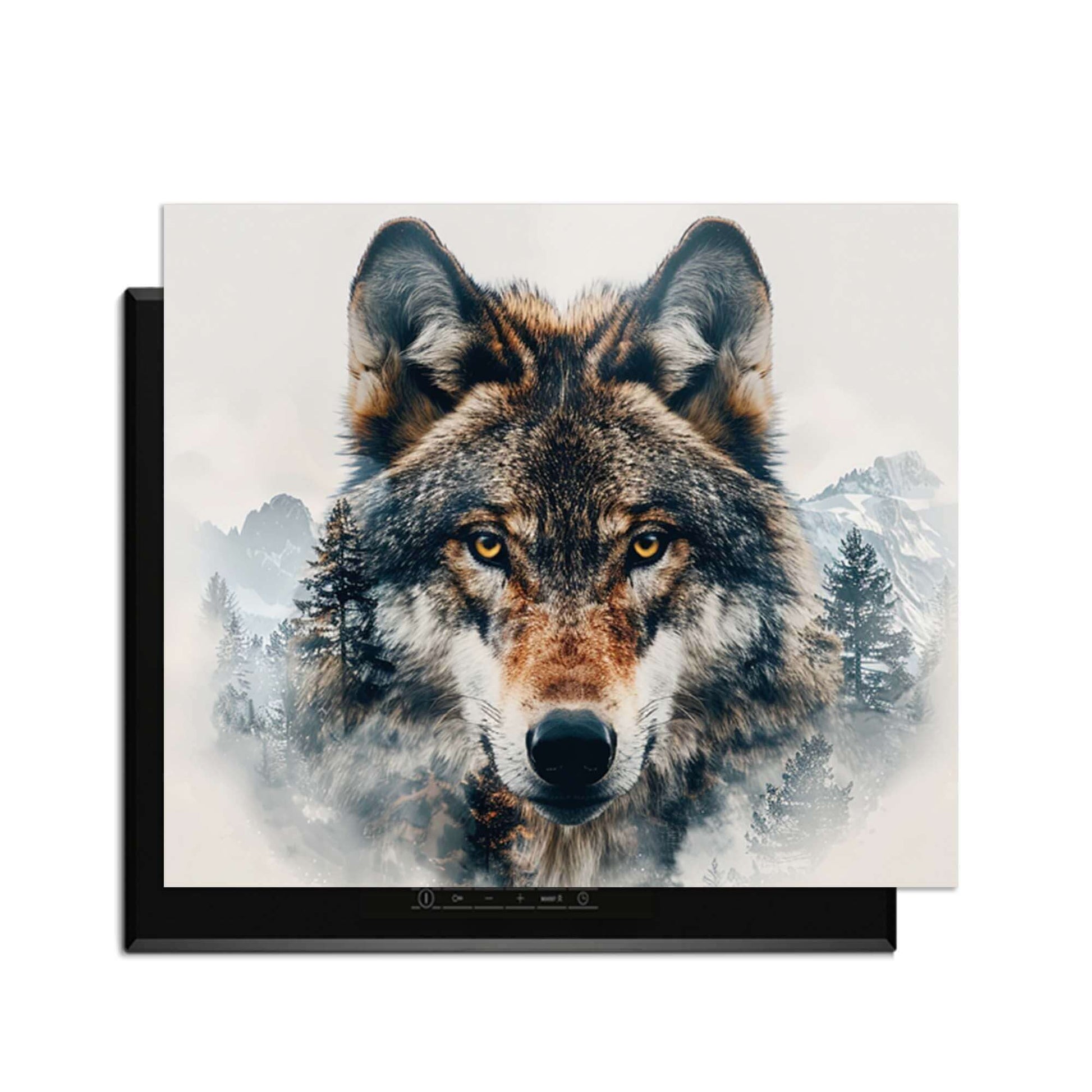 Majestätischer Wolf - Herdabdeckplatte mit kraftvollem Wolfsportrait und Naturdetails auf dem Kochfeld.