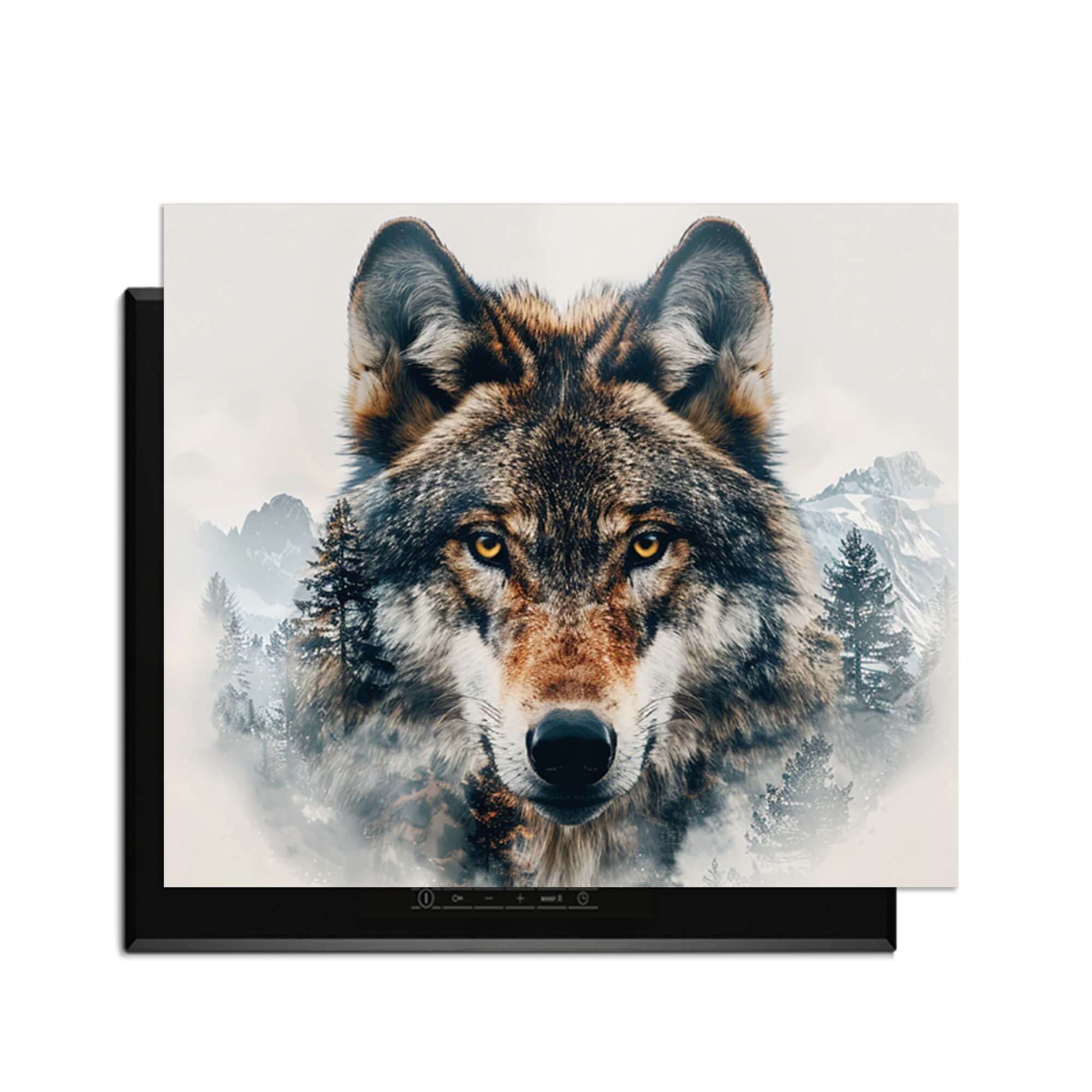 Majestätischer Wolf - Herdabdeckplatte mit kraftvollem Wolfsportrait und Naturdetails auf dem Kochfeld.