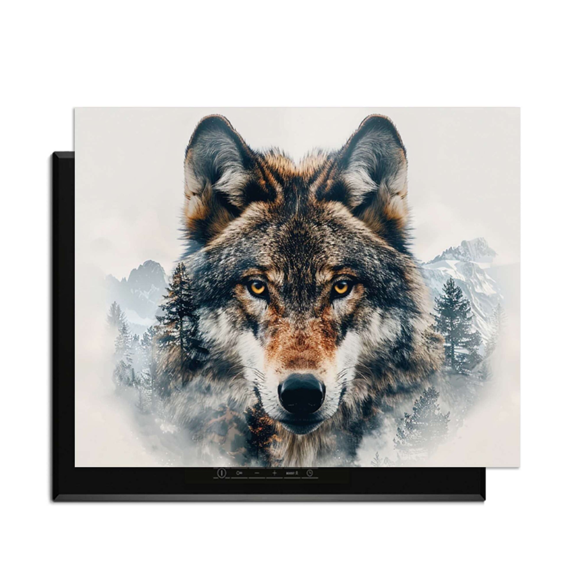Majestic Wolf - Herdabdeckplatte mit Wolfsportrait und Naturdetails, ein stilvoller Küchenakzent.