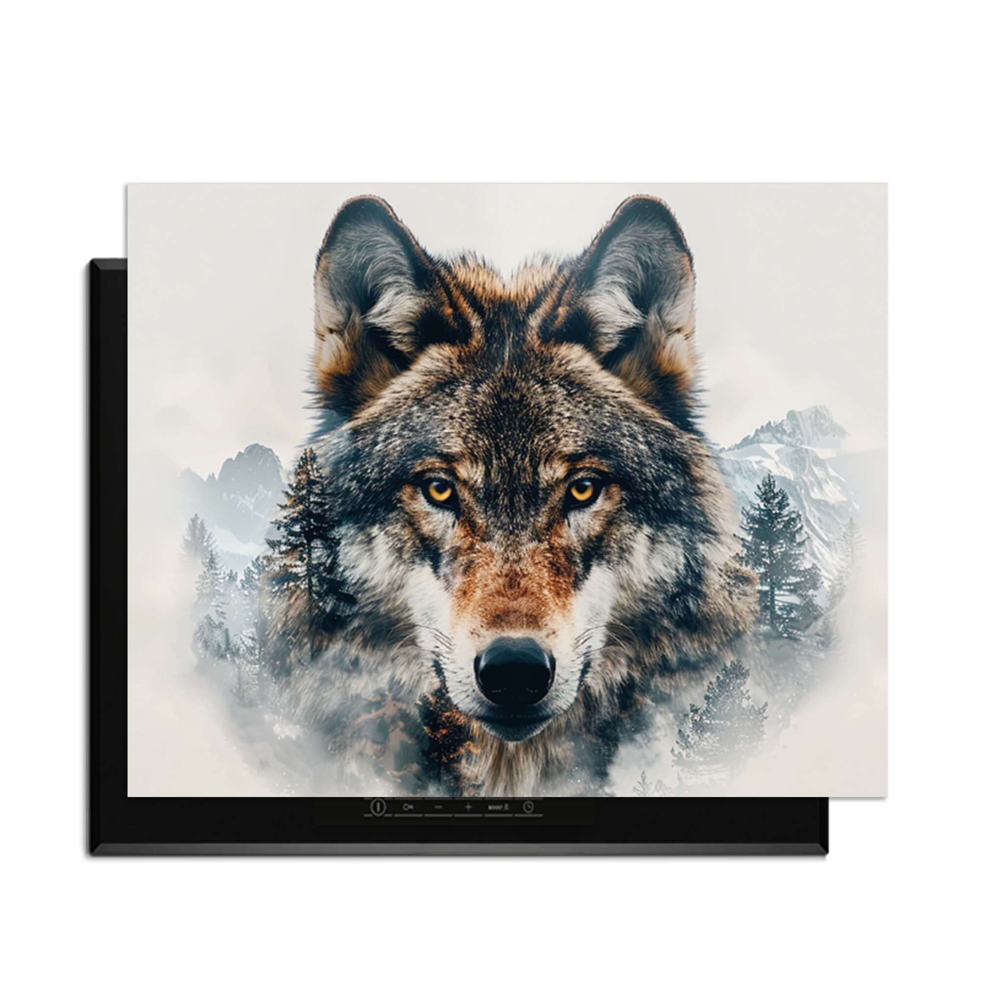 Majestic Wolf - Herdabdeckplatte mit Wolfsportrait und Naturdetails, ein stilvoller Küchenakzent.