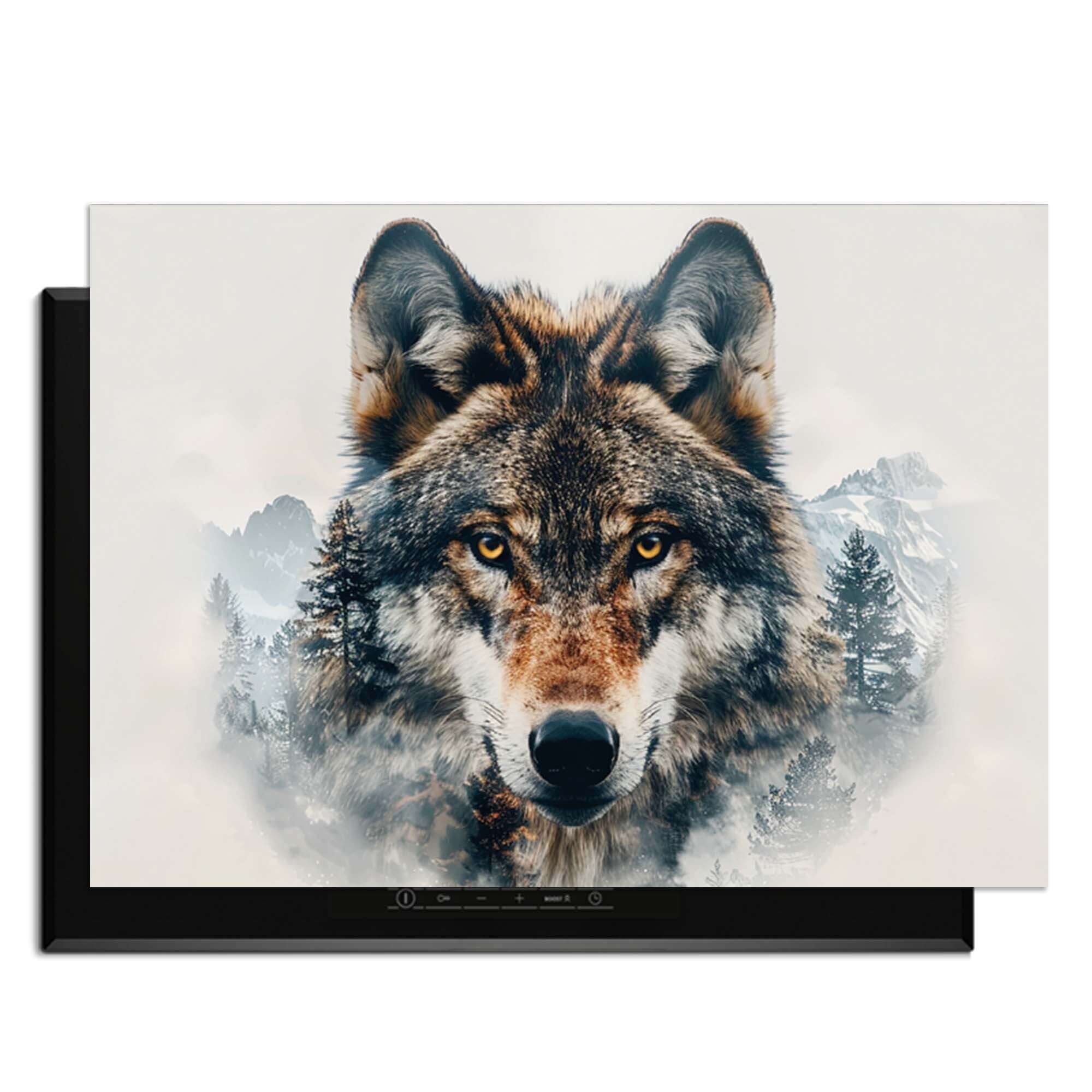 Majestic Wolf - Herdabdeckplatte mit Wolf und Naturdetails auf einem Kochfeld