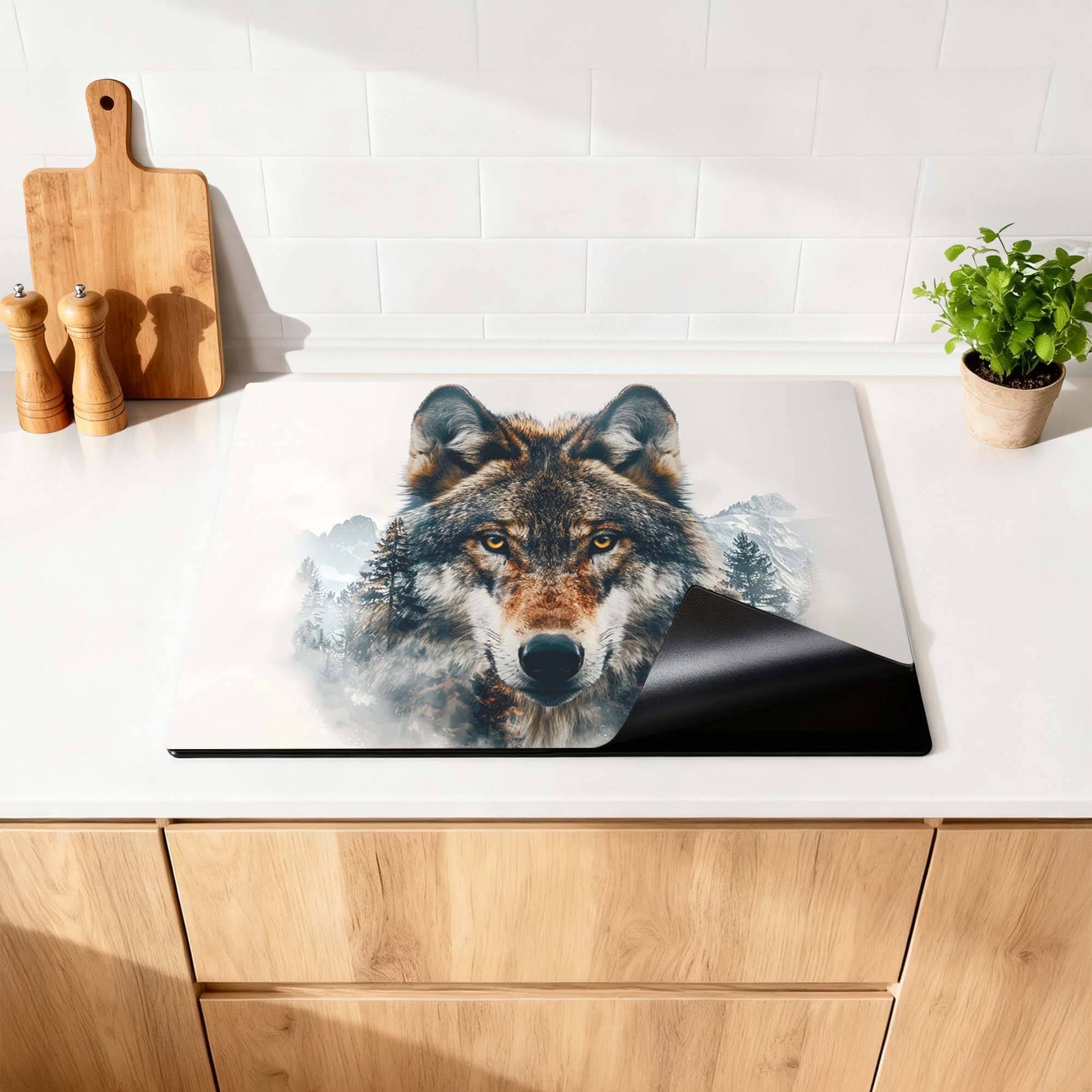 Majestic Wolf - Herdabdeckplatte auf einer Küchenplatte mit einem Wolf und Naturdetails.