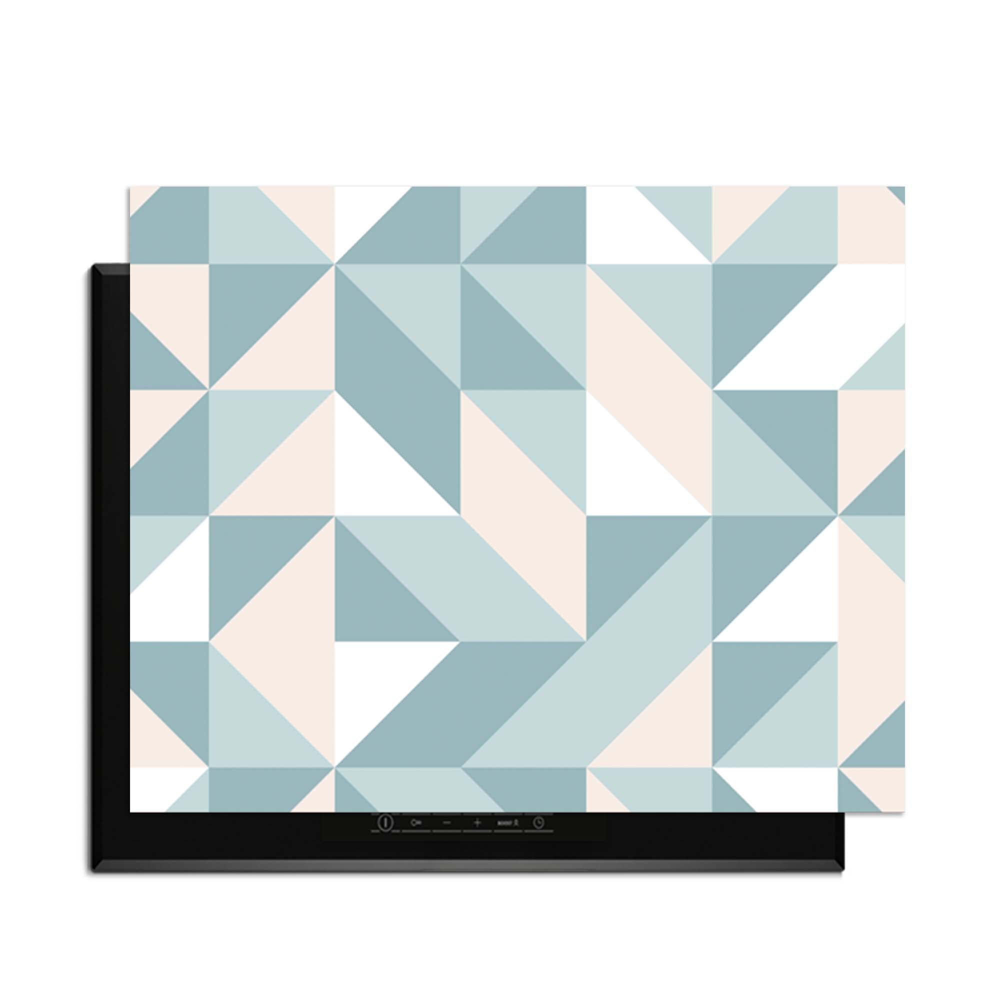 Pastellfarbene Dreiecke - Herdabdeckplatte mit verspieltem geometrischem Muster in sanften Pastellfarben.
