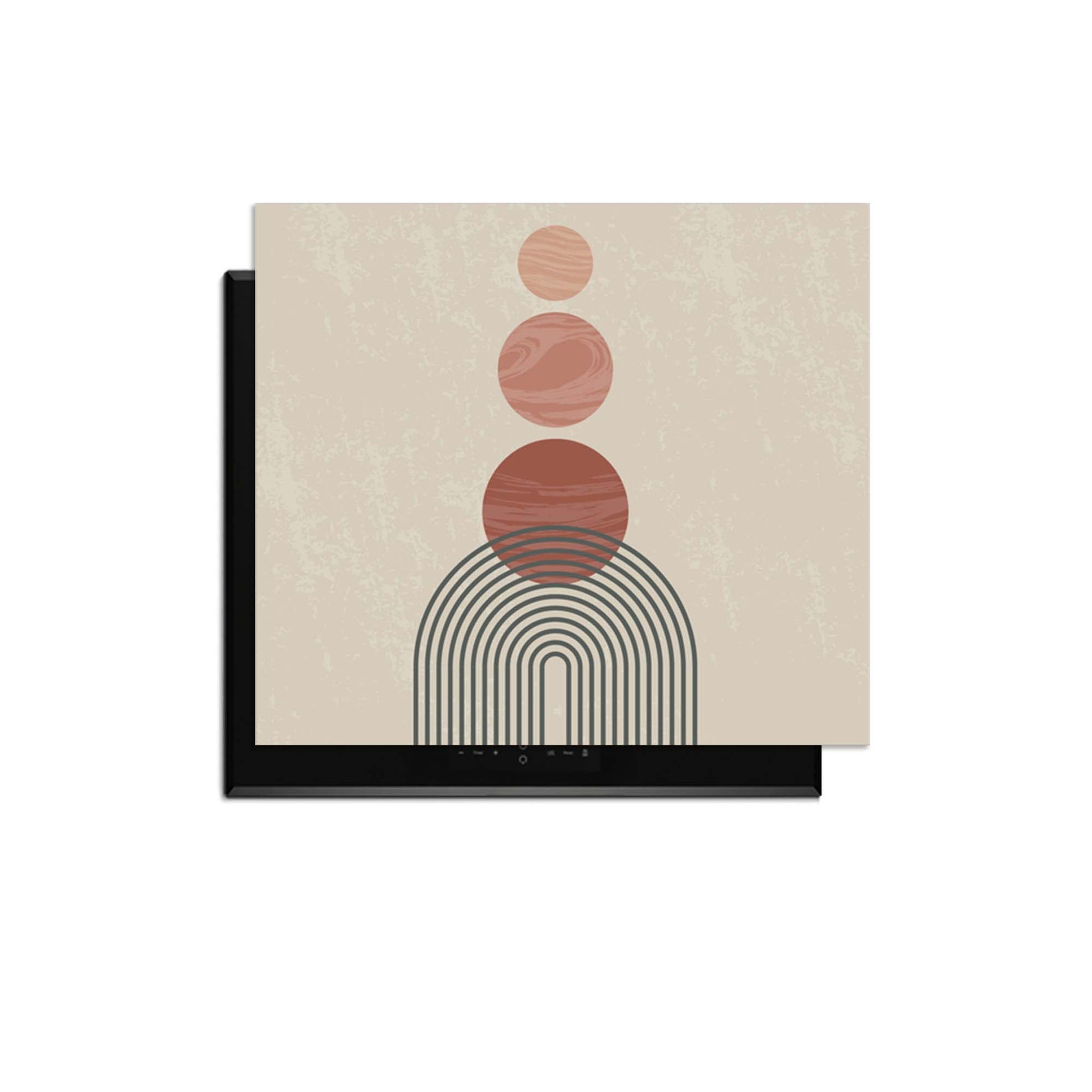 Zen Circles - Japandi Herdabdeckplatte mit modernen grafischen Kreisen in warmen Farbtönen.