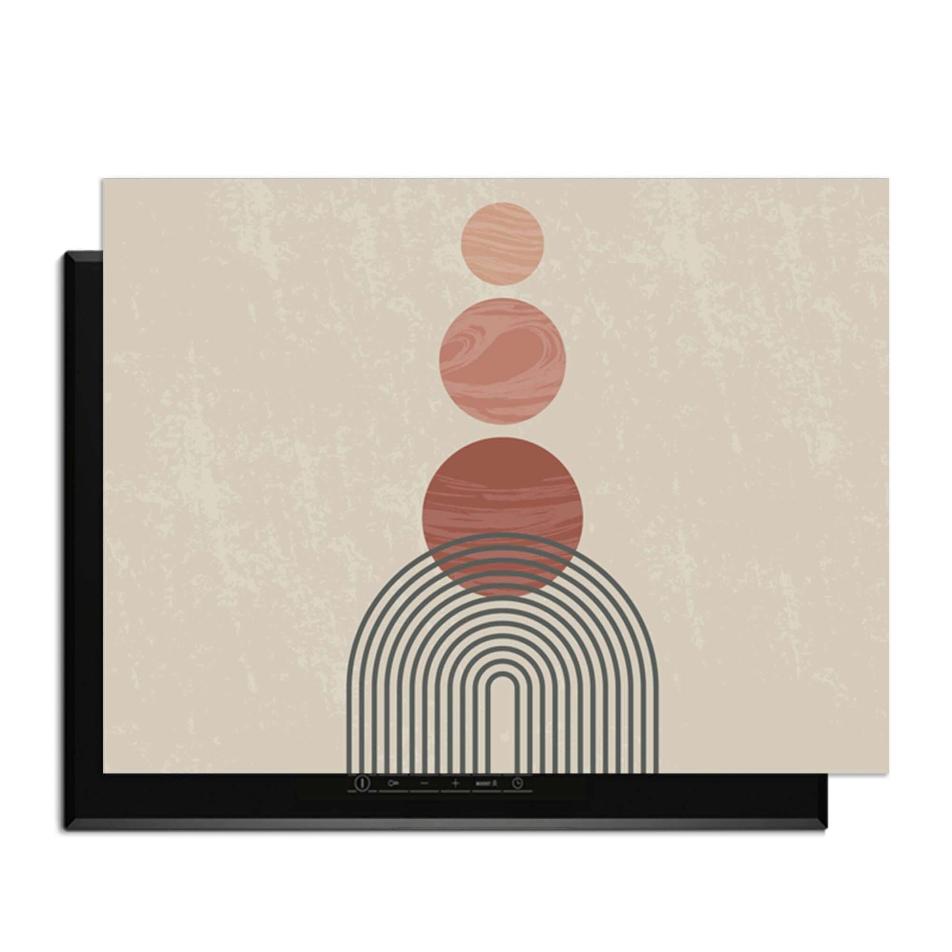 Zen Circles - Japandi Herdabdeckplatte mit warmen grafischen Kreisen und modernem Stil zum Schutz der Küche.