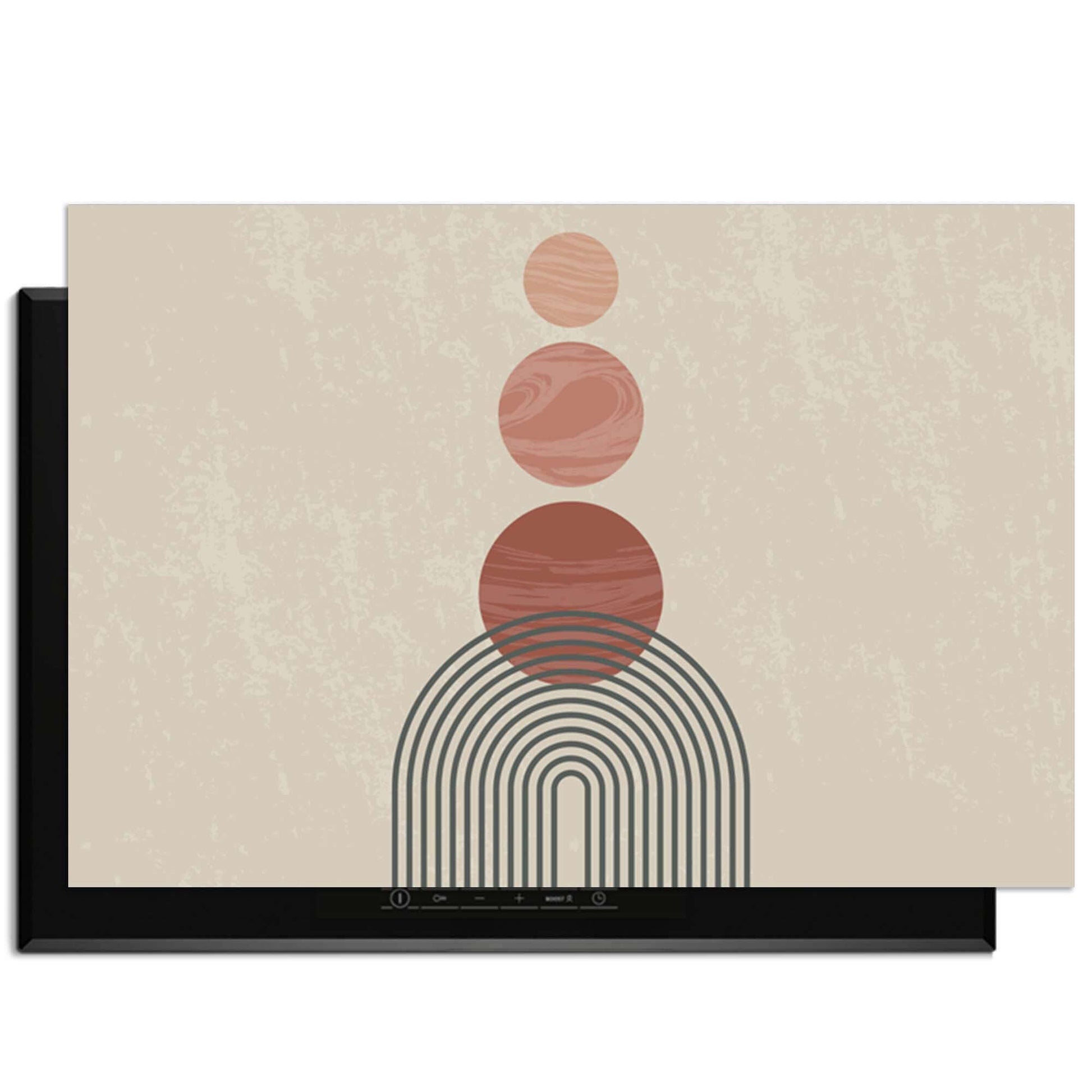 Zen Circles - Japandi Herdabdeckplatte mit modernen grafischen Kreisen in warmen Farbtönen.