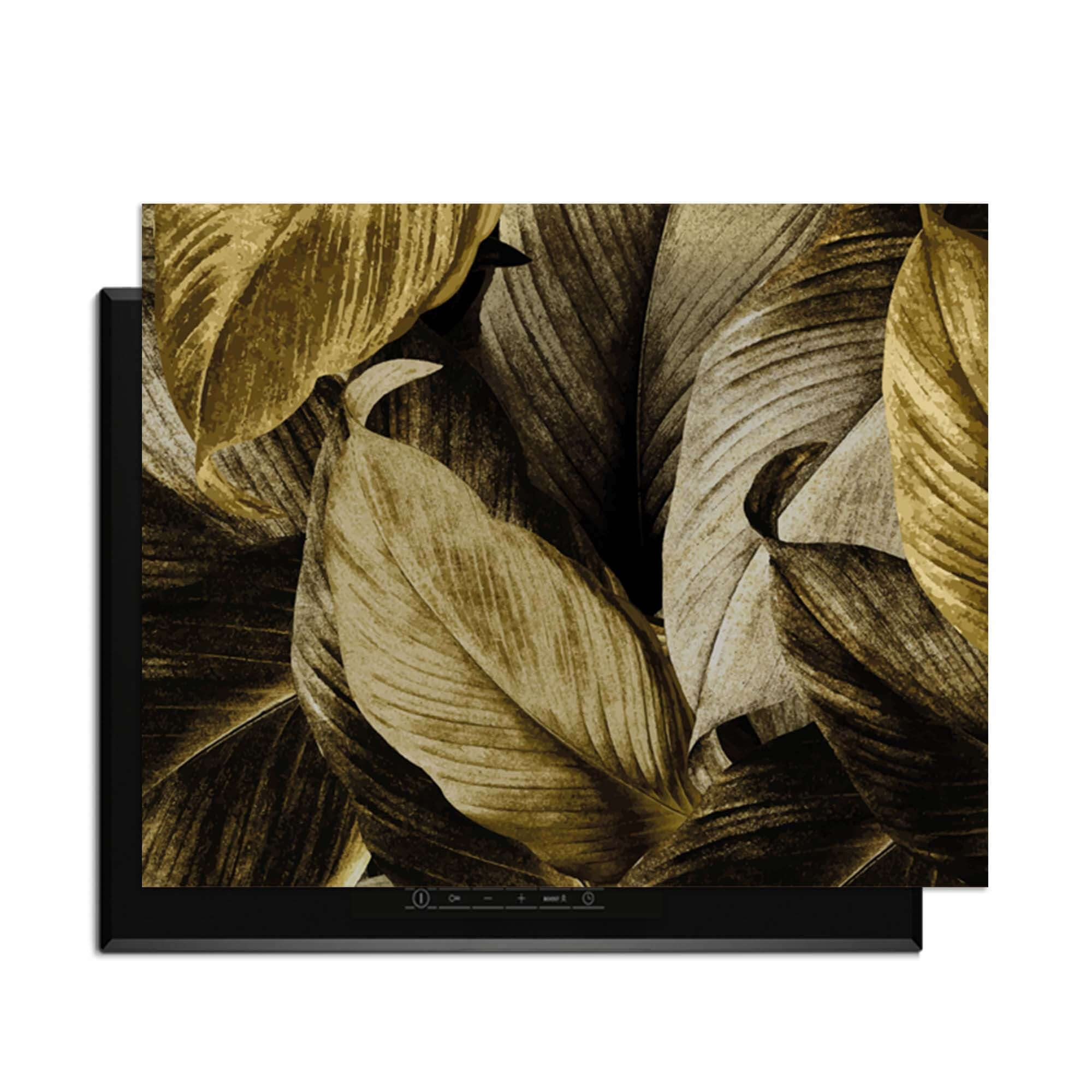 Golden Leaves - Herdabdeckplatte mit botanischem Luxus und eleganten goldenen Blättern.
