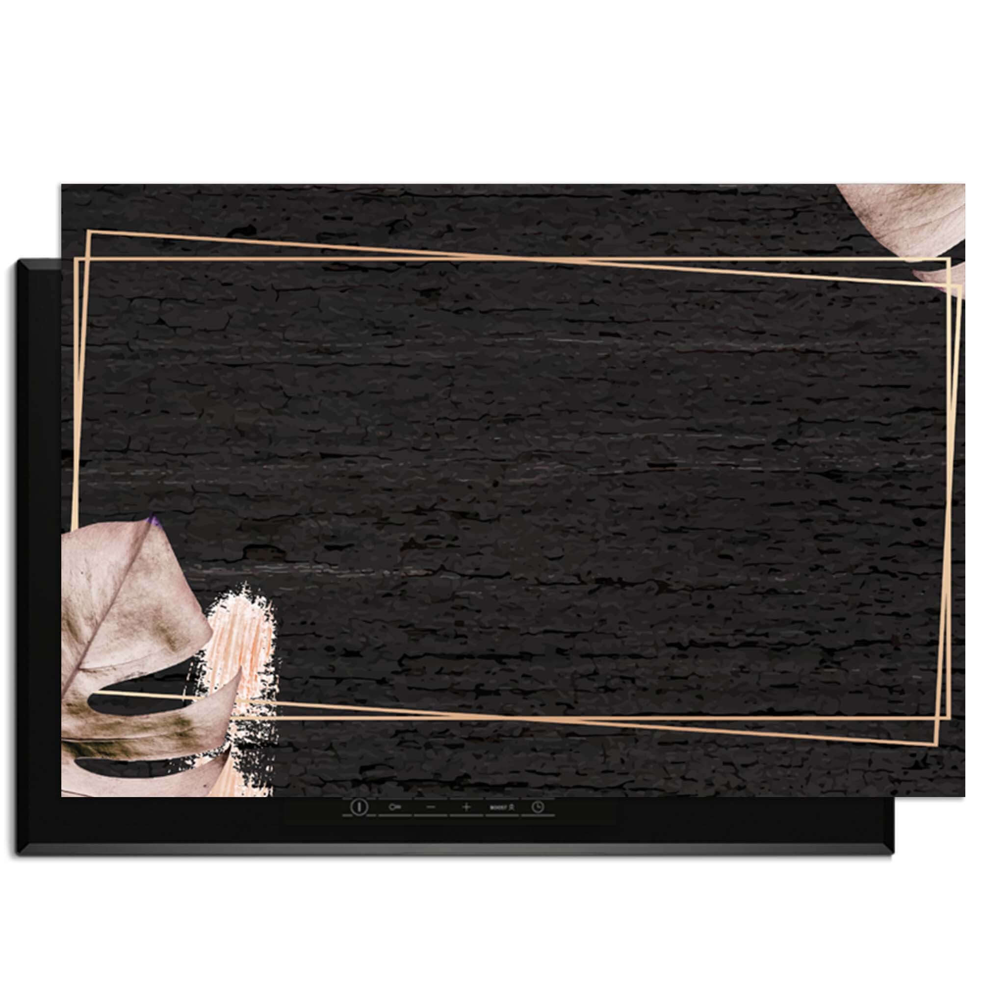 Midnight Leaves - Herdabdeckplatte mit schwarzem Hintergrund, beigen Blättern und goldenen Akzenten