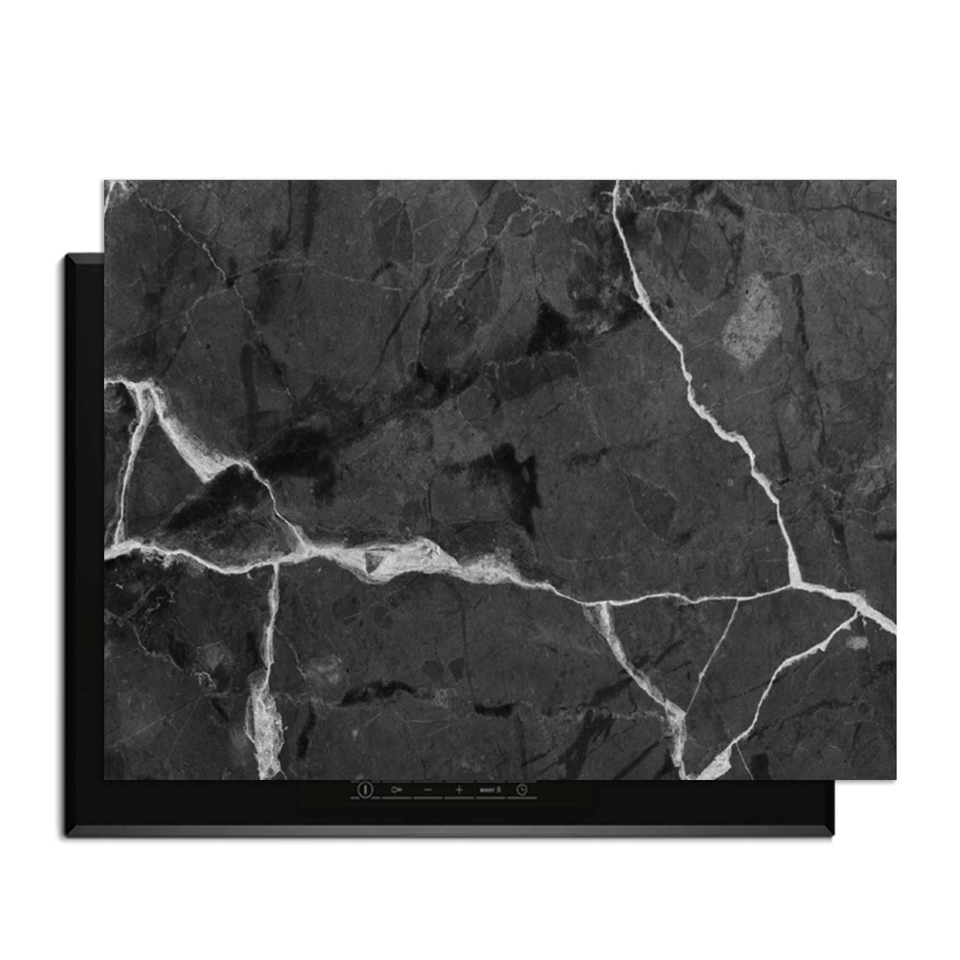 Black Marble - Herdabdeckplatte auf einem Kochfeld mit stilvollem schwarzen Marmordesign und weißen Adern.