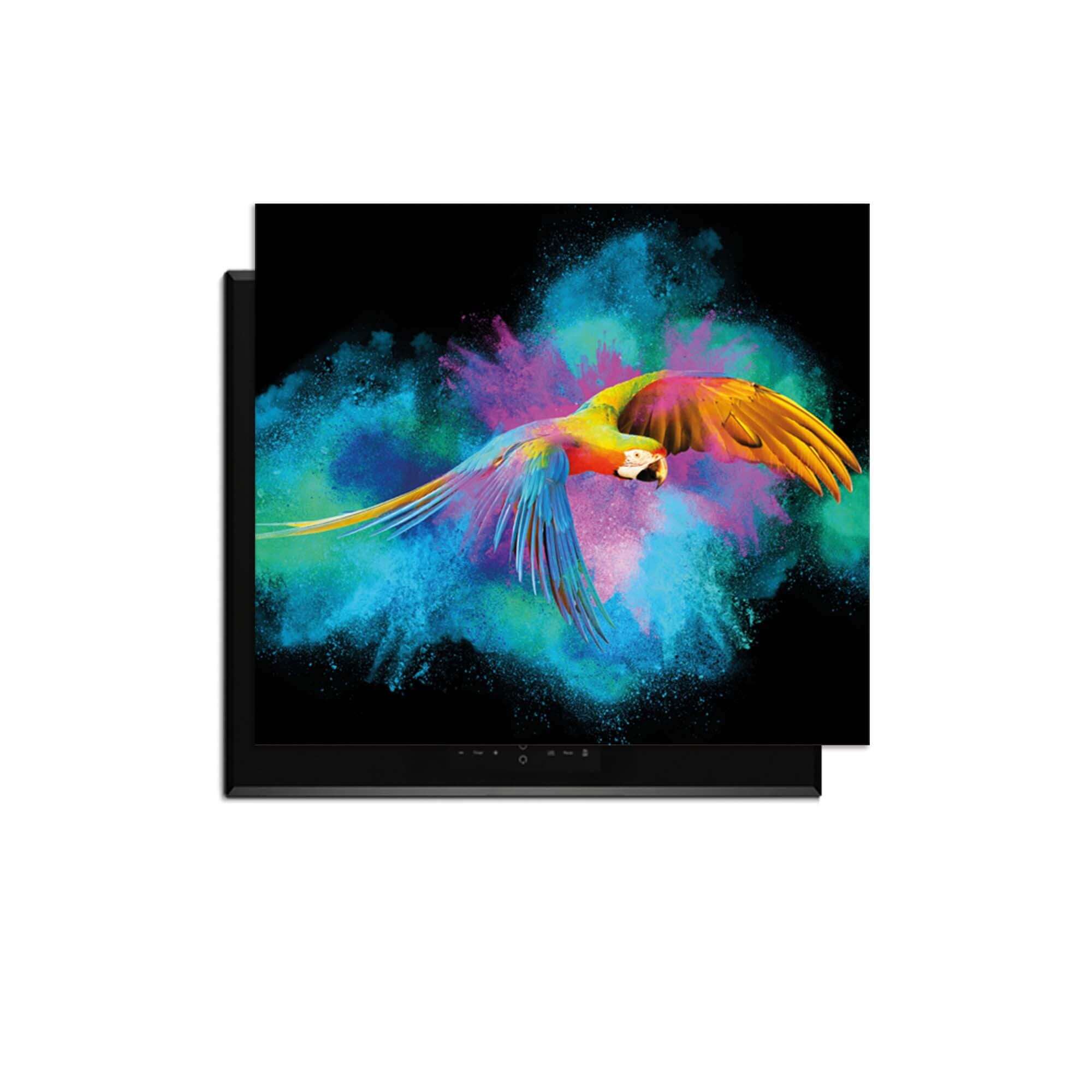 Color Flight - Herdabdeckplatte mit einem bunten Papagei auf einem farbenfrohen Hintergrund.