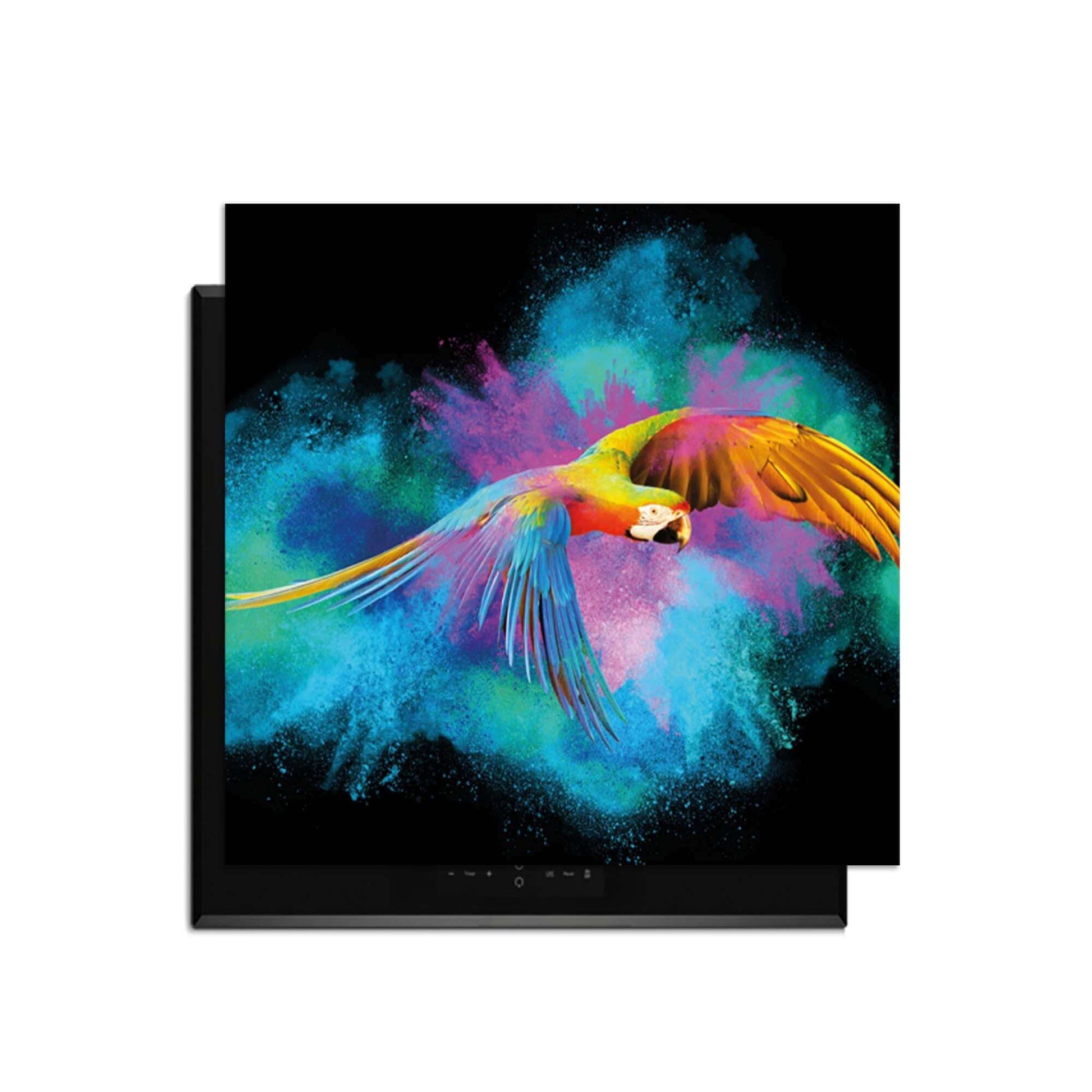 Buntes, künstlerisches Design eines Papageis auf dem Color Flight - Herdabdeckplatte für eine lebendige Küche.