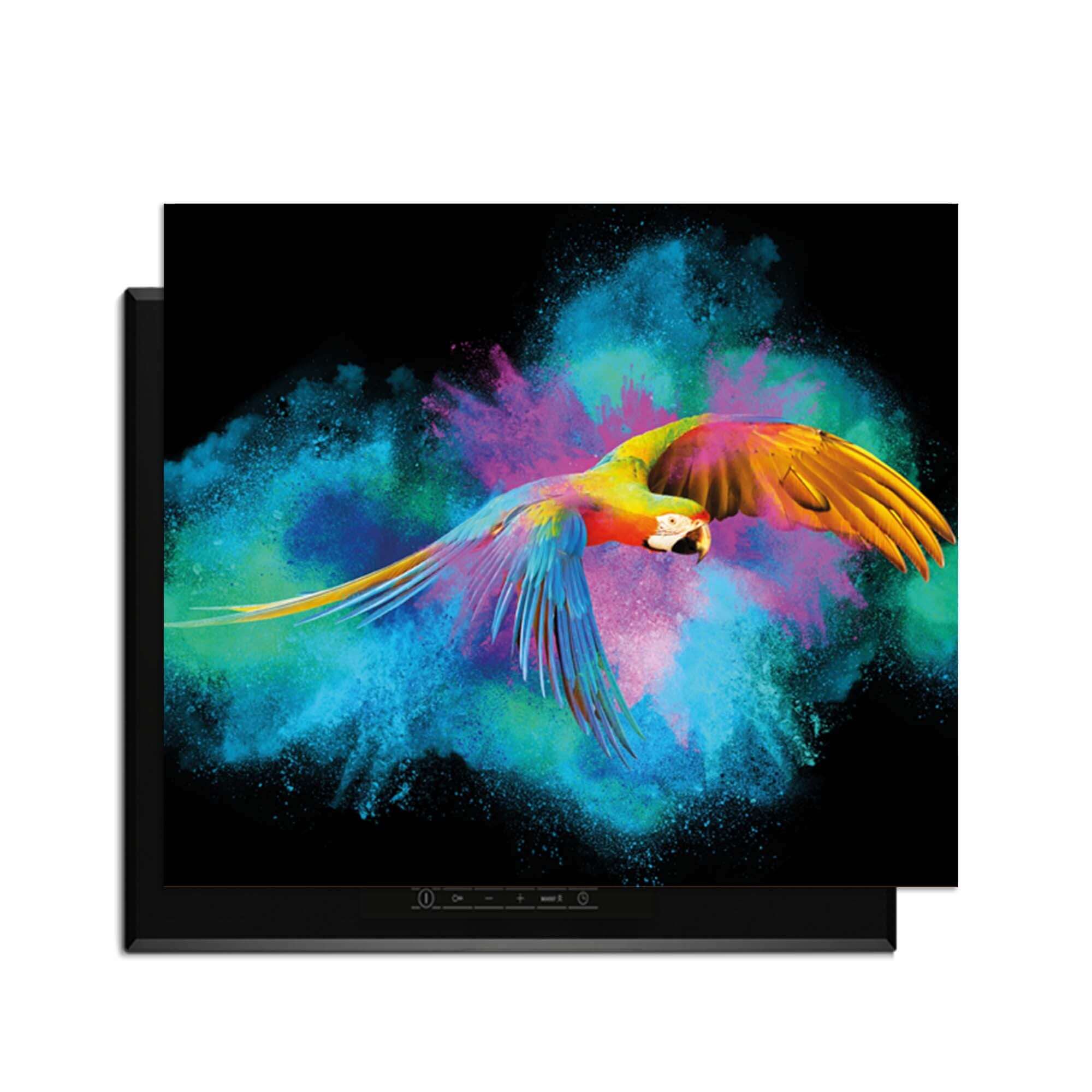 Color Flight - Herdabdeckplatte mit einem bunten Papagei auf einem Hintergrund aus leuchtenden Farben.