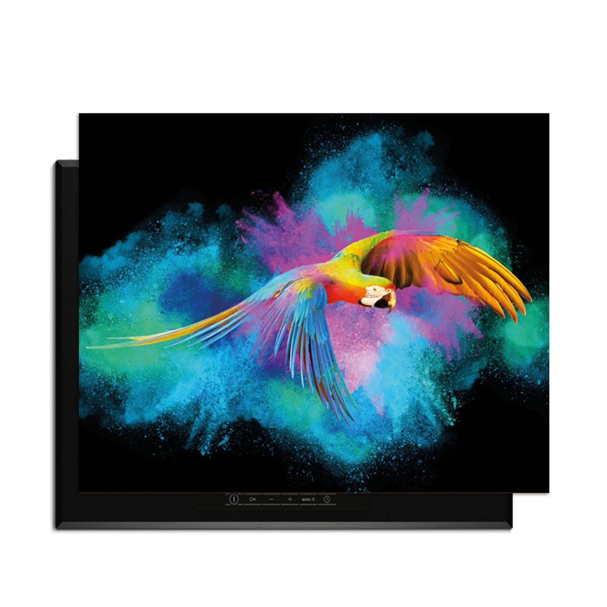 Color Flight - Herdabdeckplatte mit einem bunten Papagei, perfekt für eine lebendige Küche.