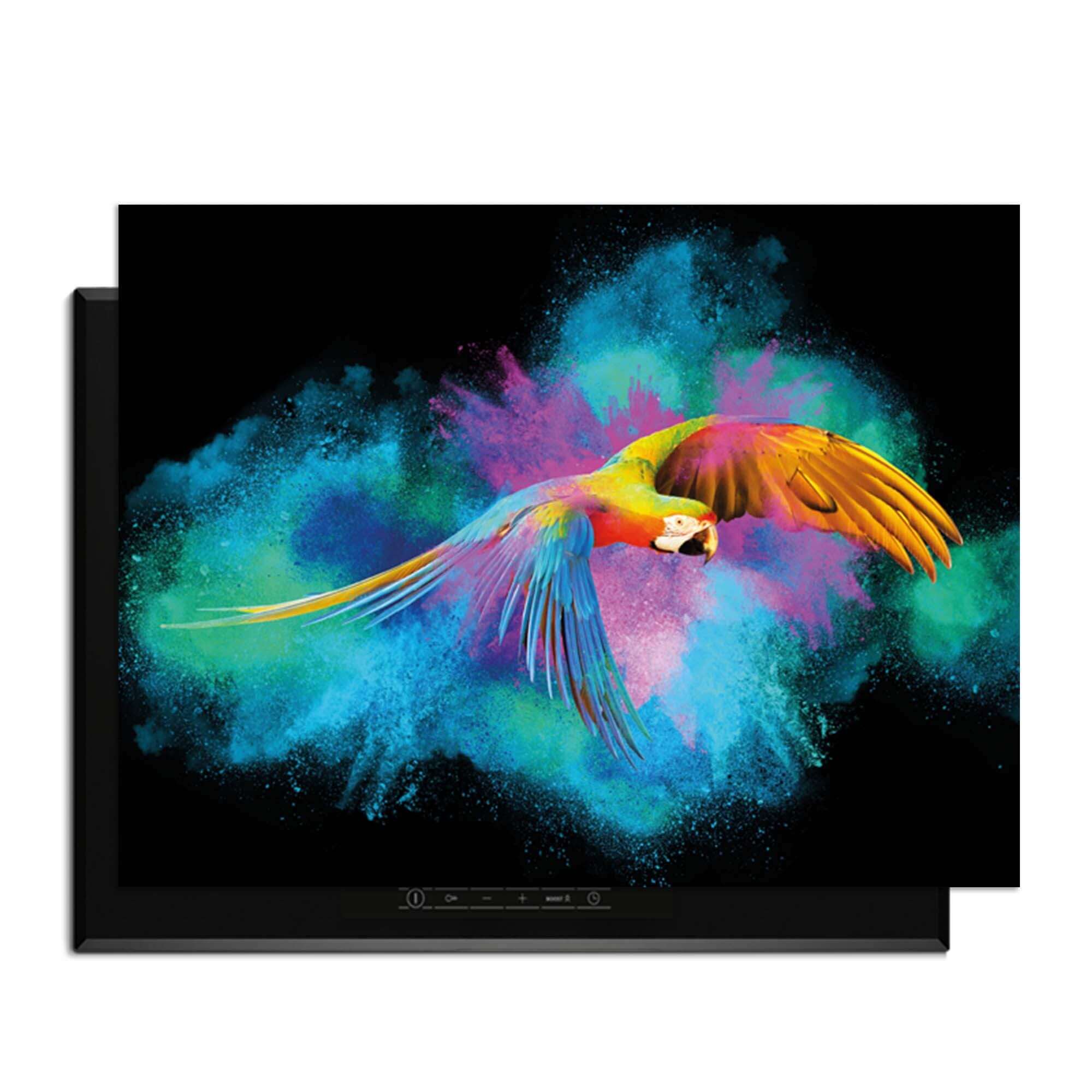 Color Flight - Induktionswächter mit buntem Papagei, der durch eine farbenfrohe Explosion fliegt.