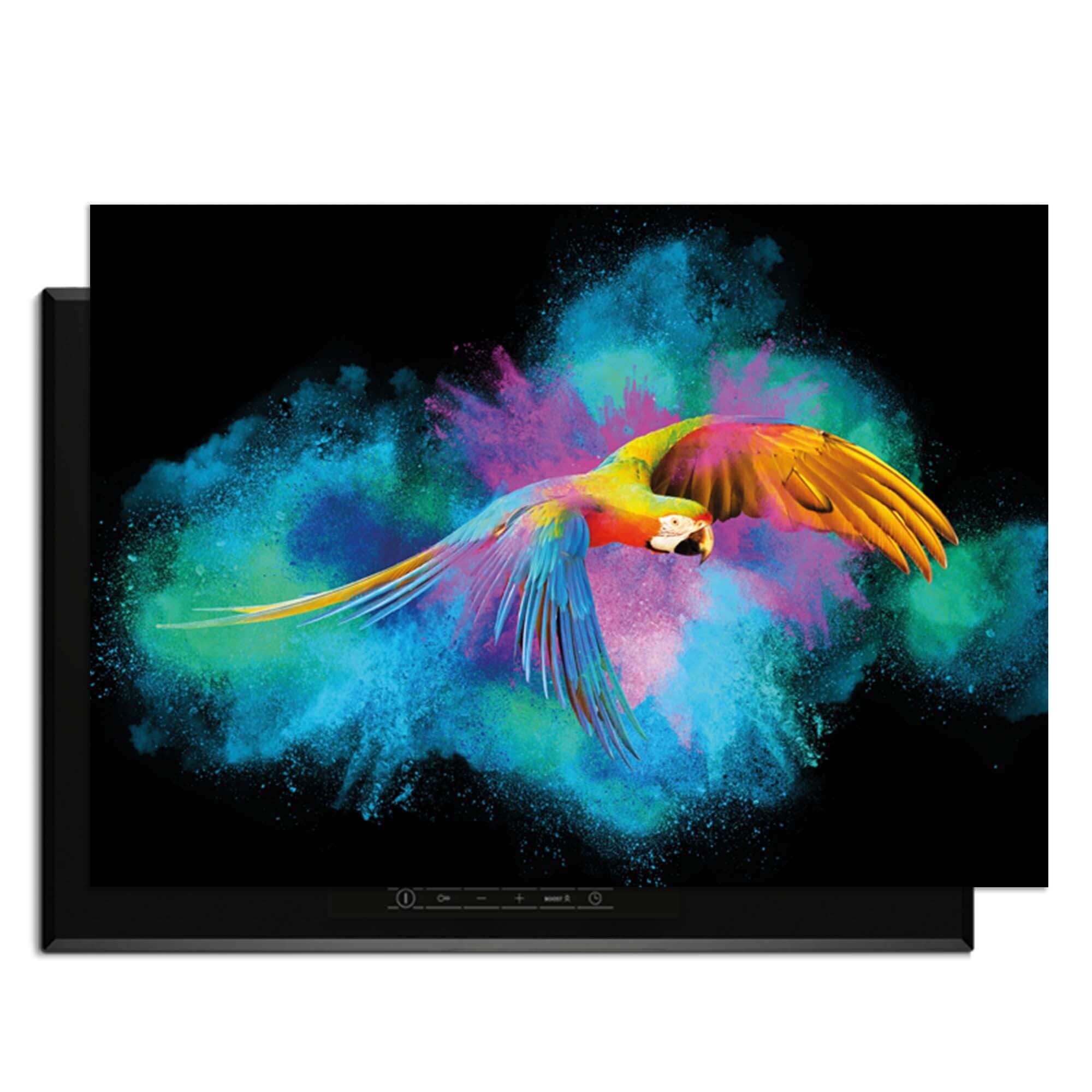 Color Flight - Herdabdeckplatte mit buntem Papagei und einer Explosion von leuchtenden Farben auf Schwarz