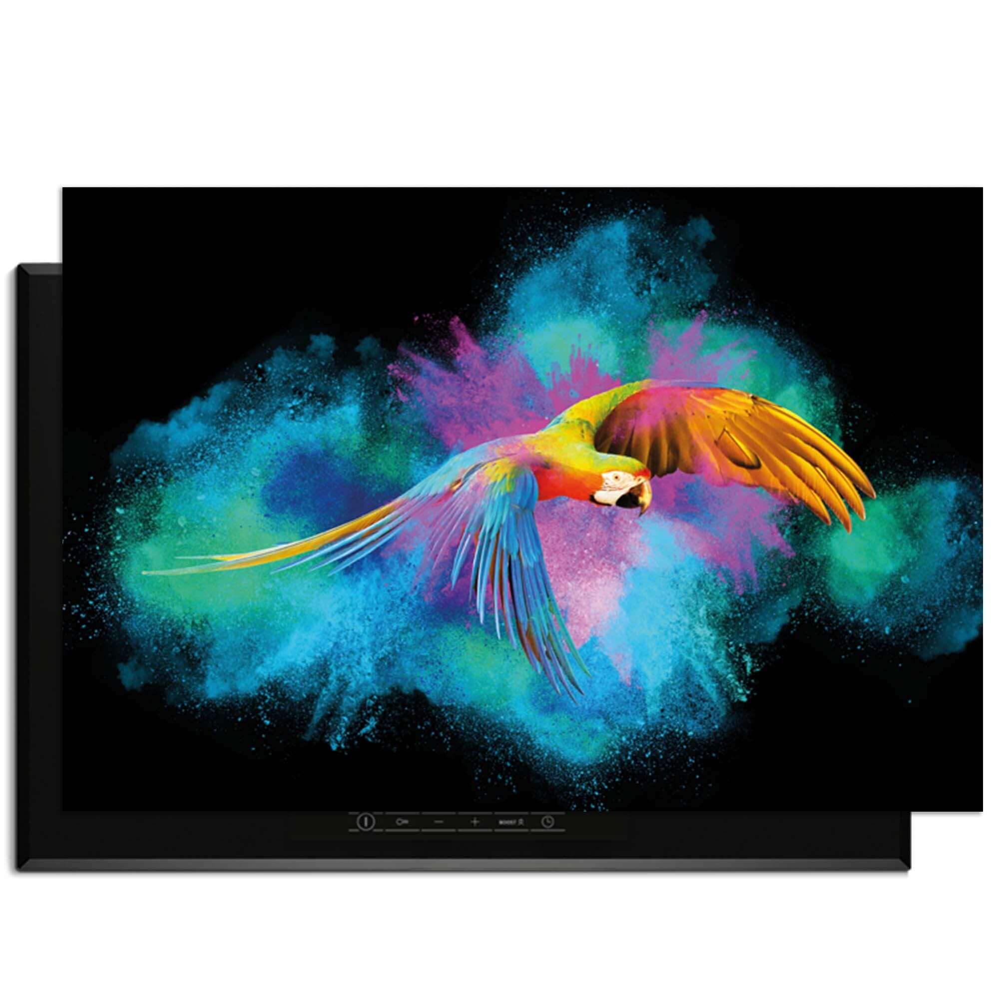 Color Flight - Induktionswächter mit farbenfrohem Papagei auf einem Hintergrund aus leuchtenden Farben.