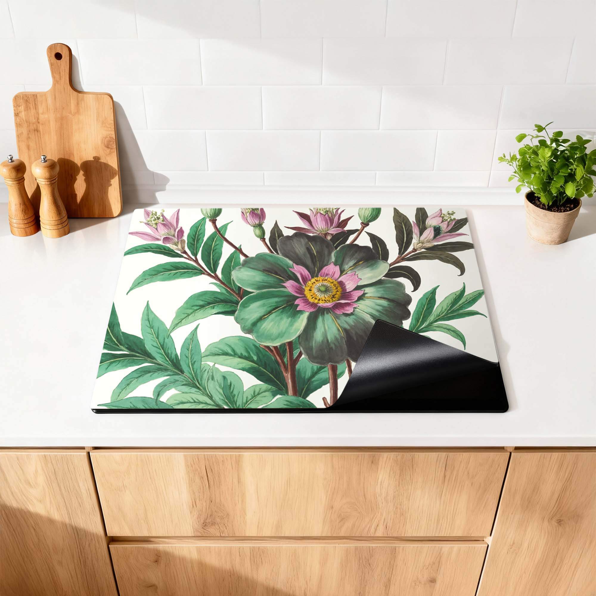 Botanical Grace - Herdabdeckplatte mit botanischen Illustrationen für Ihre Küche.