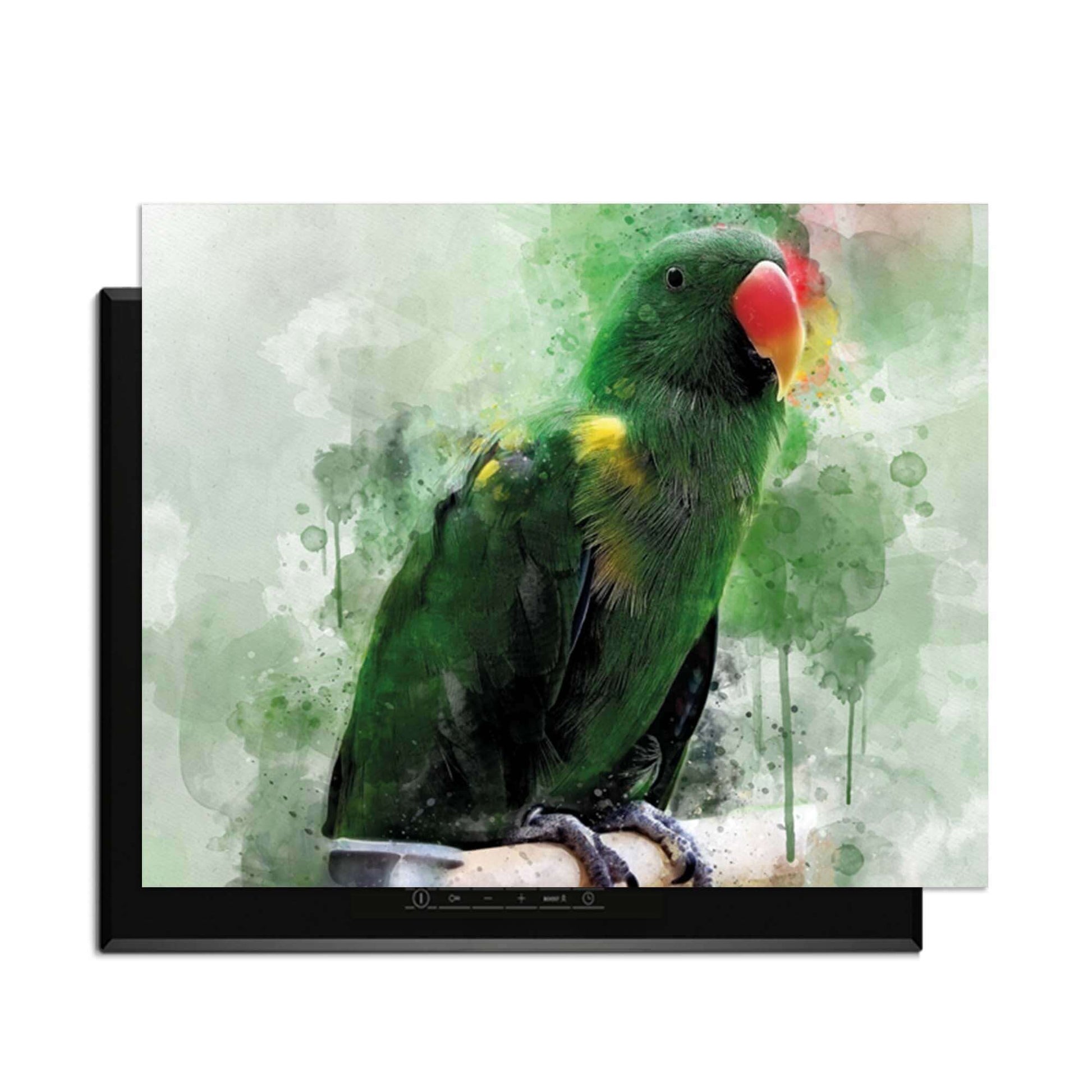 Jungle Parrot - Herdabdeckplatte mit einem Aquarellbild eines Papageis auf einer rutschfesten Oberfläche.