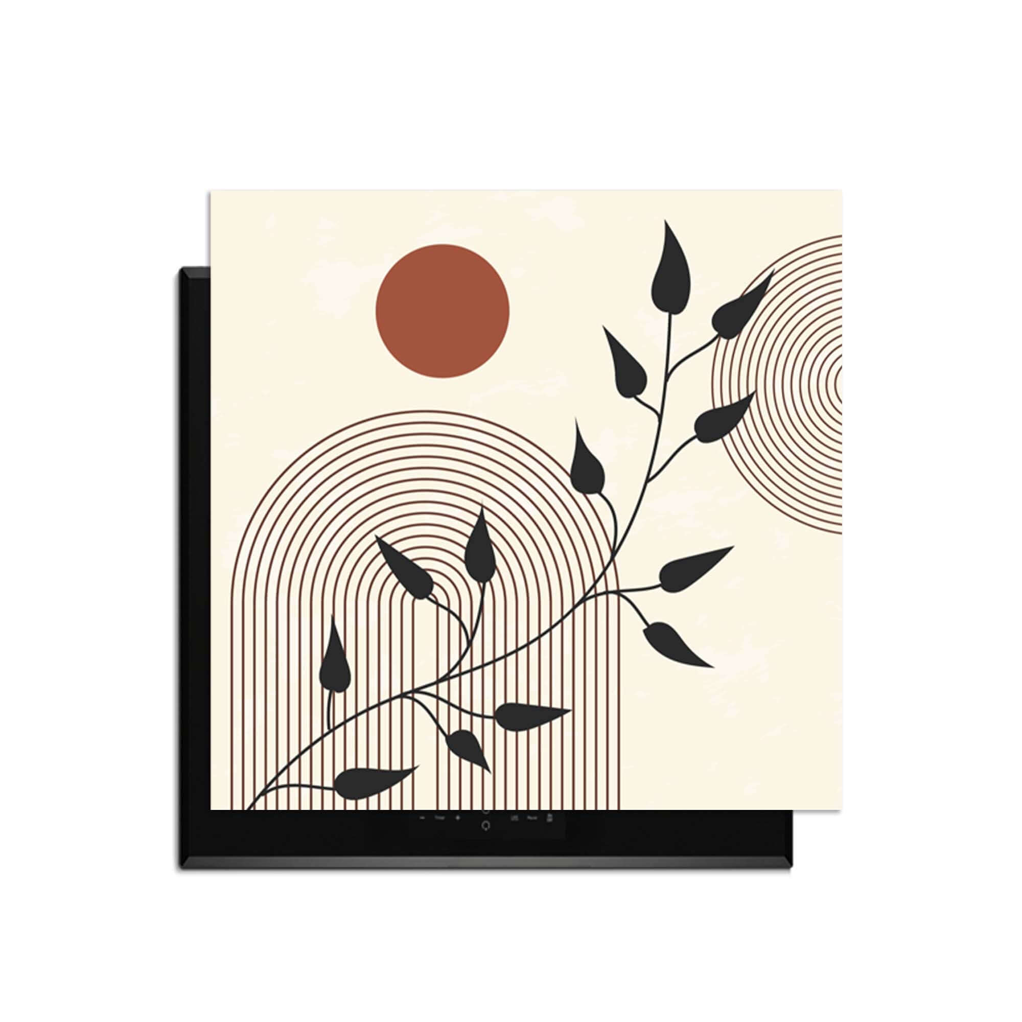 Roter Sonnenzweig - Japandi Herdabdeckplatte mit grafischen Linien und subtilen Zweigen für die minimalistische Küche.