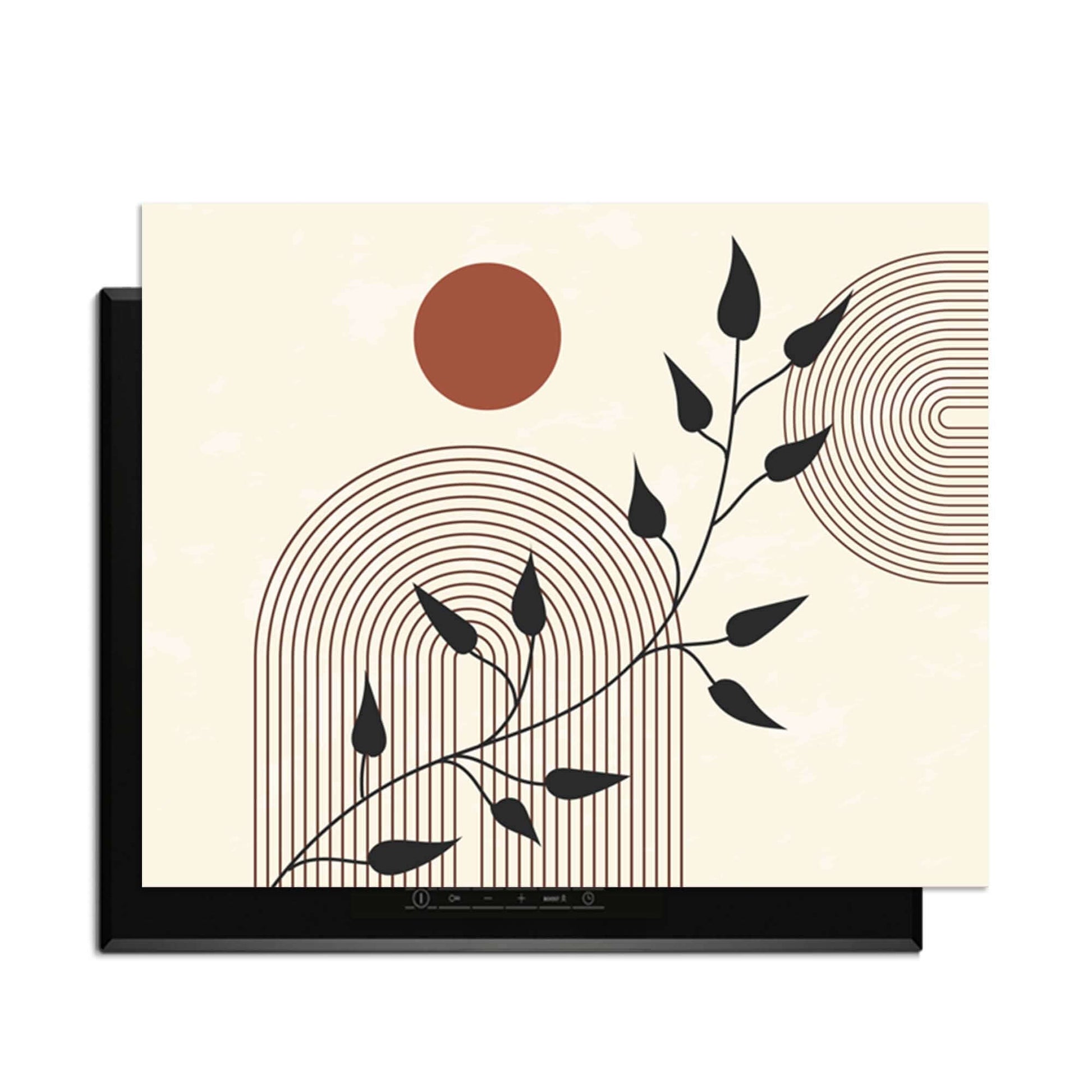 Red Sun Branch - Japandi Herdabdeckplatte mit grafischen Linien und subtilen Zweigen, für eine minimalistische Küche.