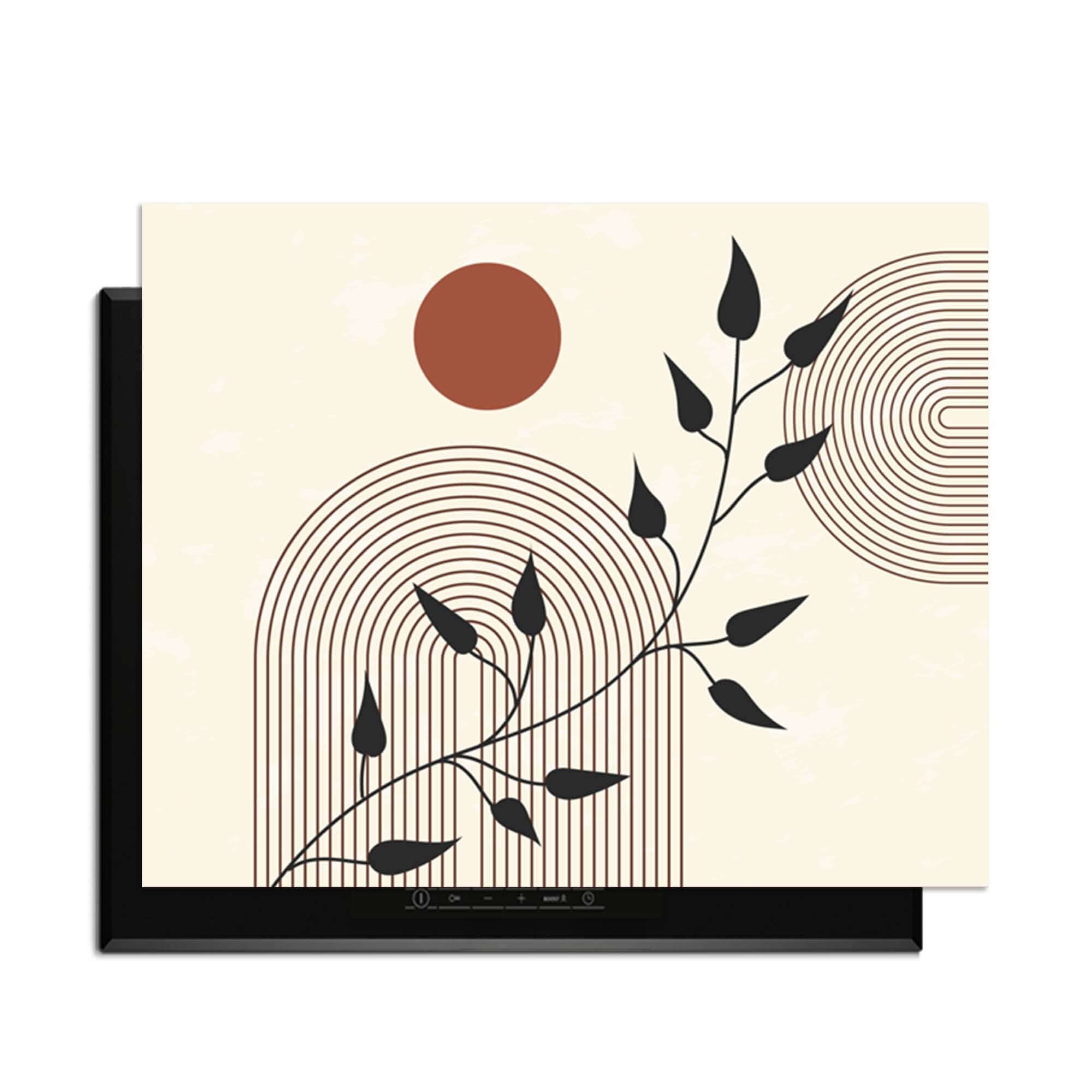 Red Sun Branch - Japandi Herdabdeckplatte mit grafischen Linien und subtilen Zweigen, für eine minimalistische Küche.