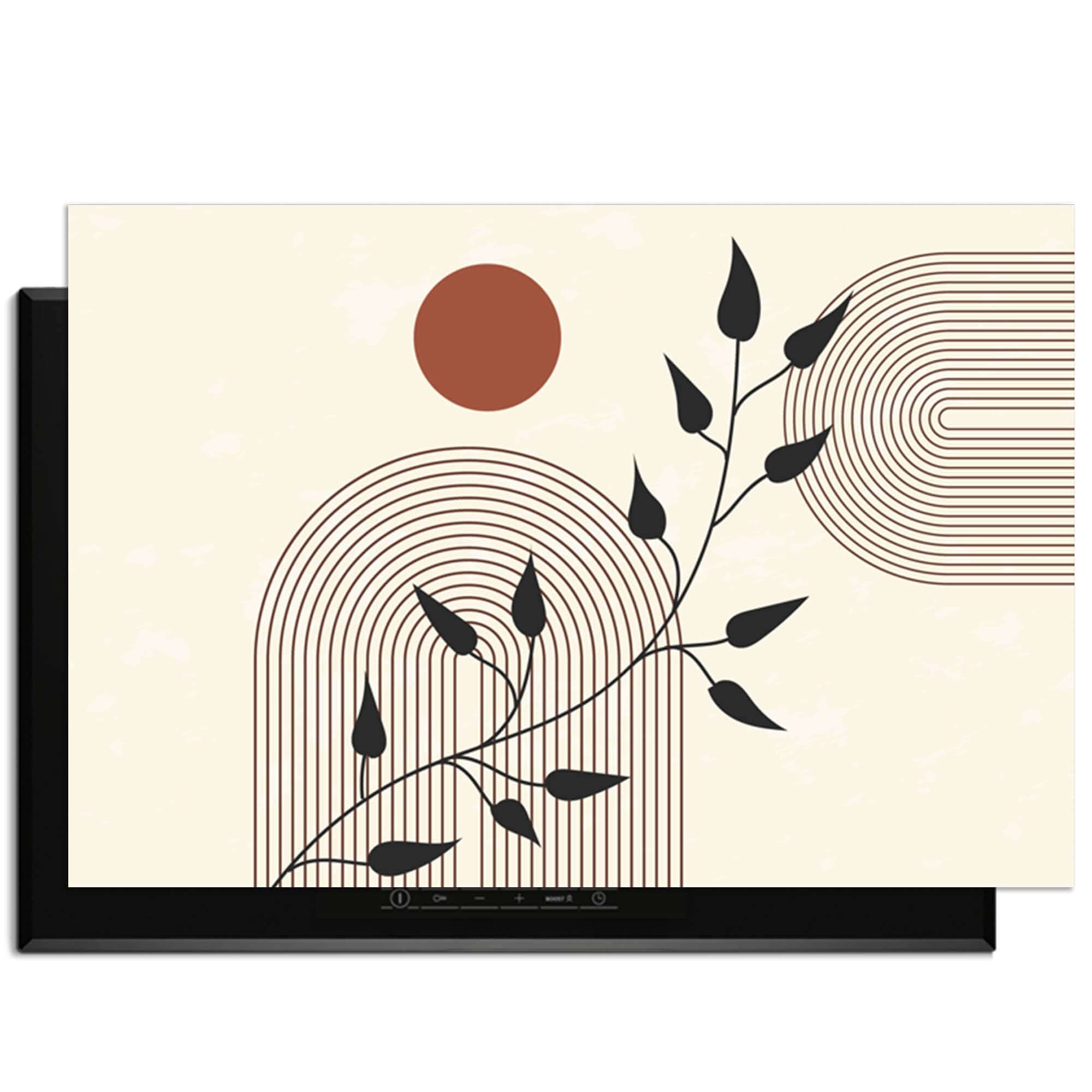 Roter Sonnenzweig - Japandi Herdabdeckplatte mit grafischen Linien und subtilem Zweig.