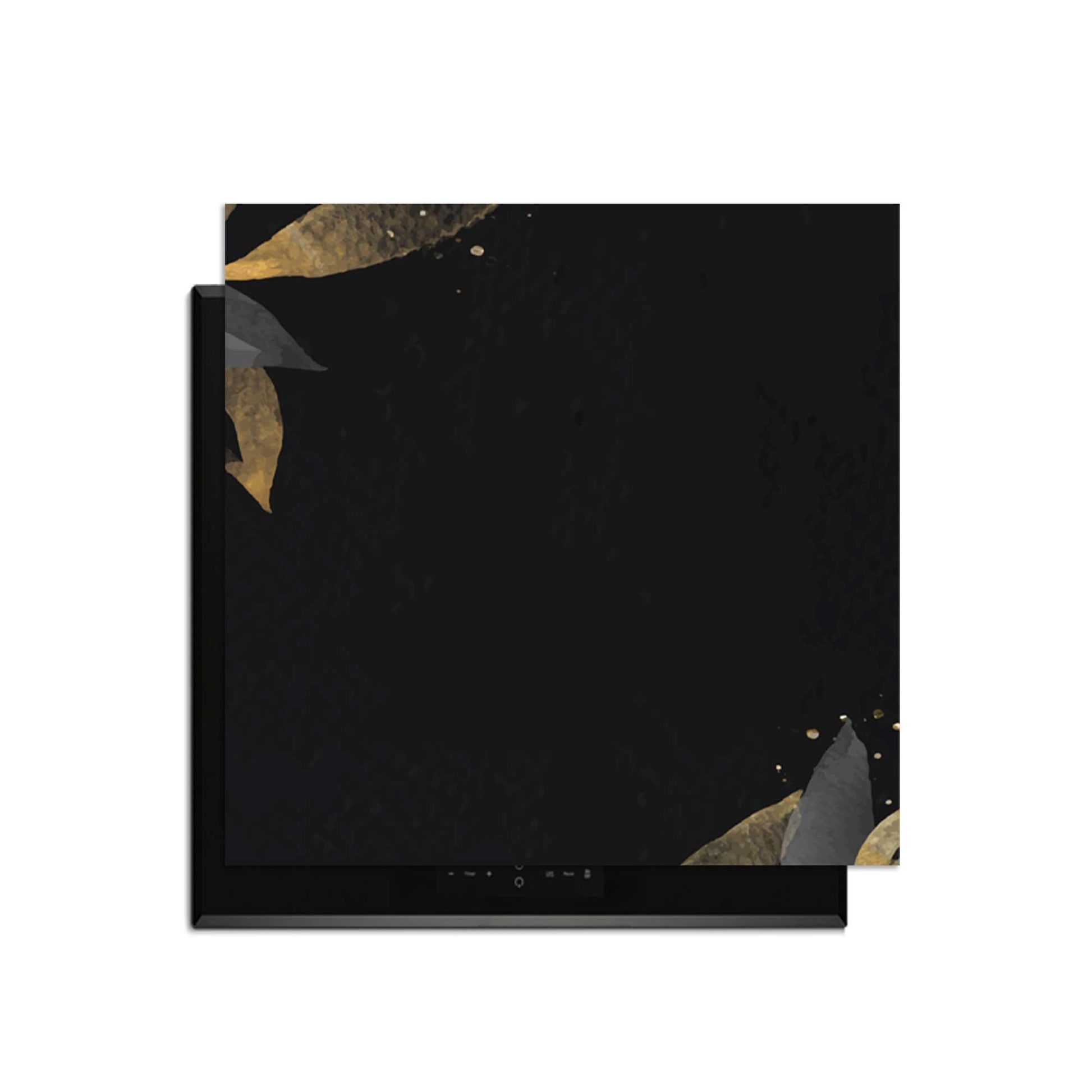 Black Olive - Herdabdeckplatte mit elegantem schwarzen Design und goldenen Olivenblättern.