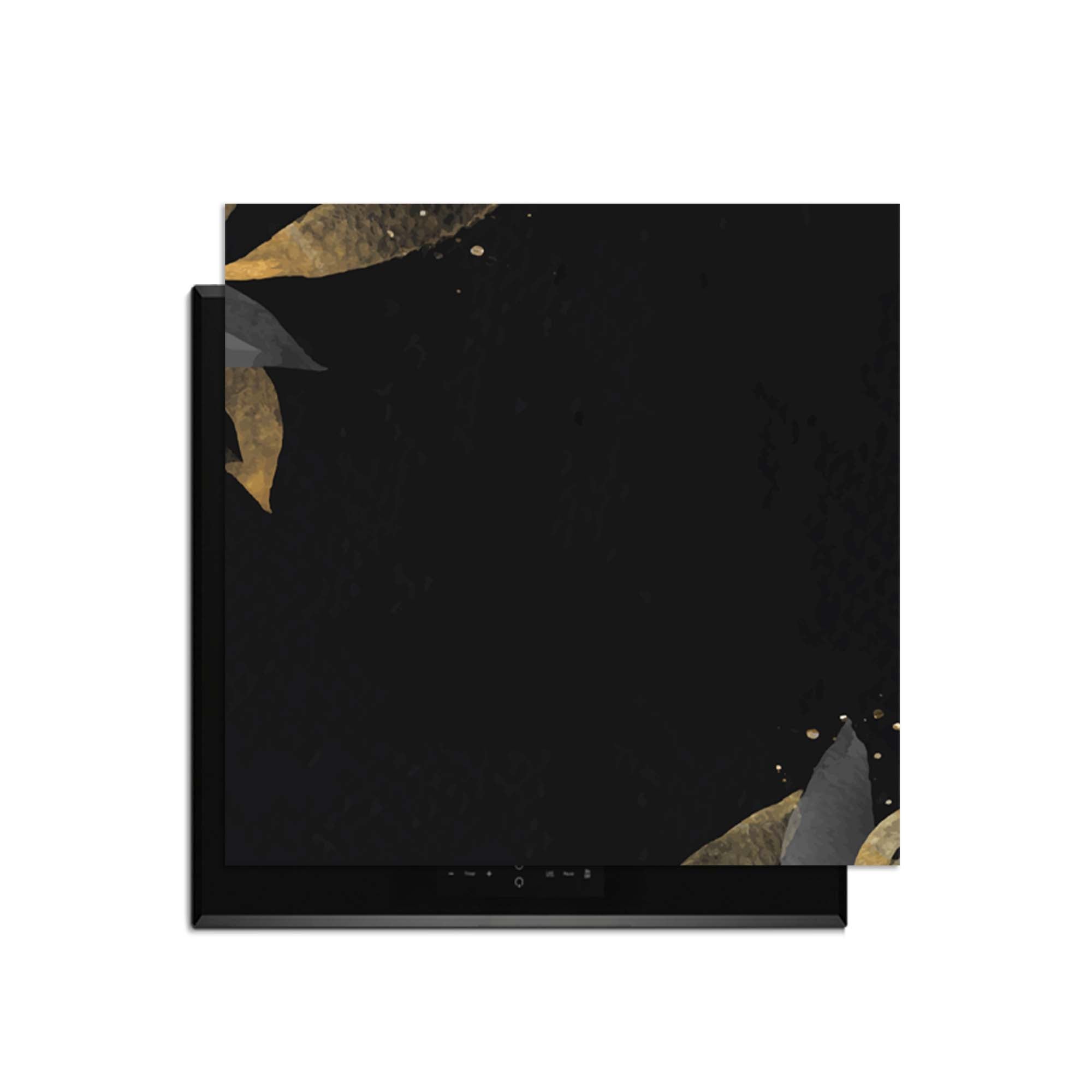 Black Olive - Herdabdeckplatte mit elegantem schwarzen Design und goldenen Olivenblättern.