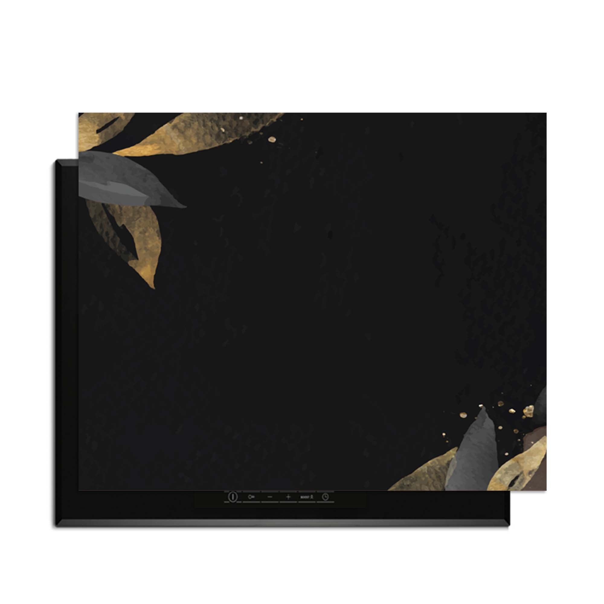 Black Olive - Herdabdeckplatte mit goldenen Olivenblättern auf einem schwarzen Sockel, stilvoll und schick.