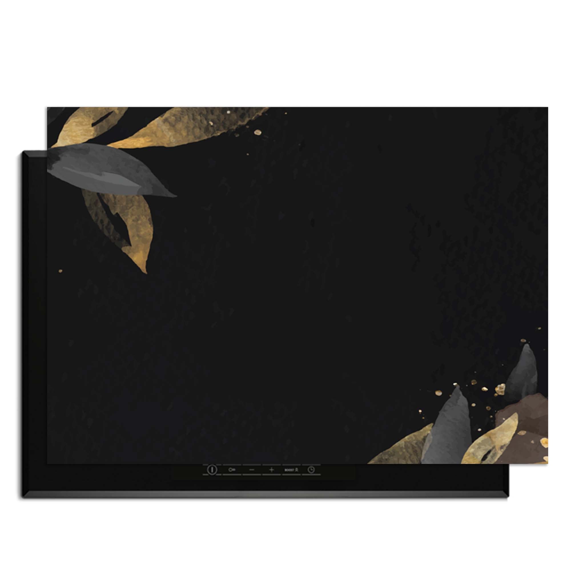 Black Olive - Herdabdeckplatte mit schwarzer Basis und goldenen Olivenblättern, perfekt für Ihre Küche.